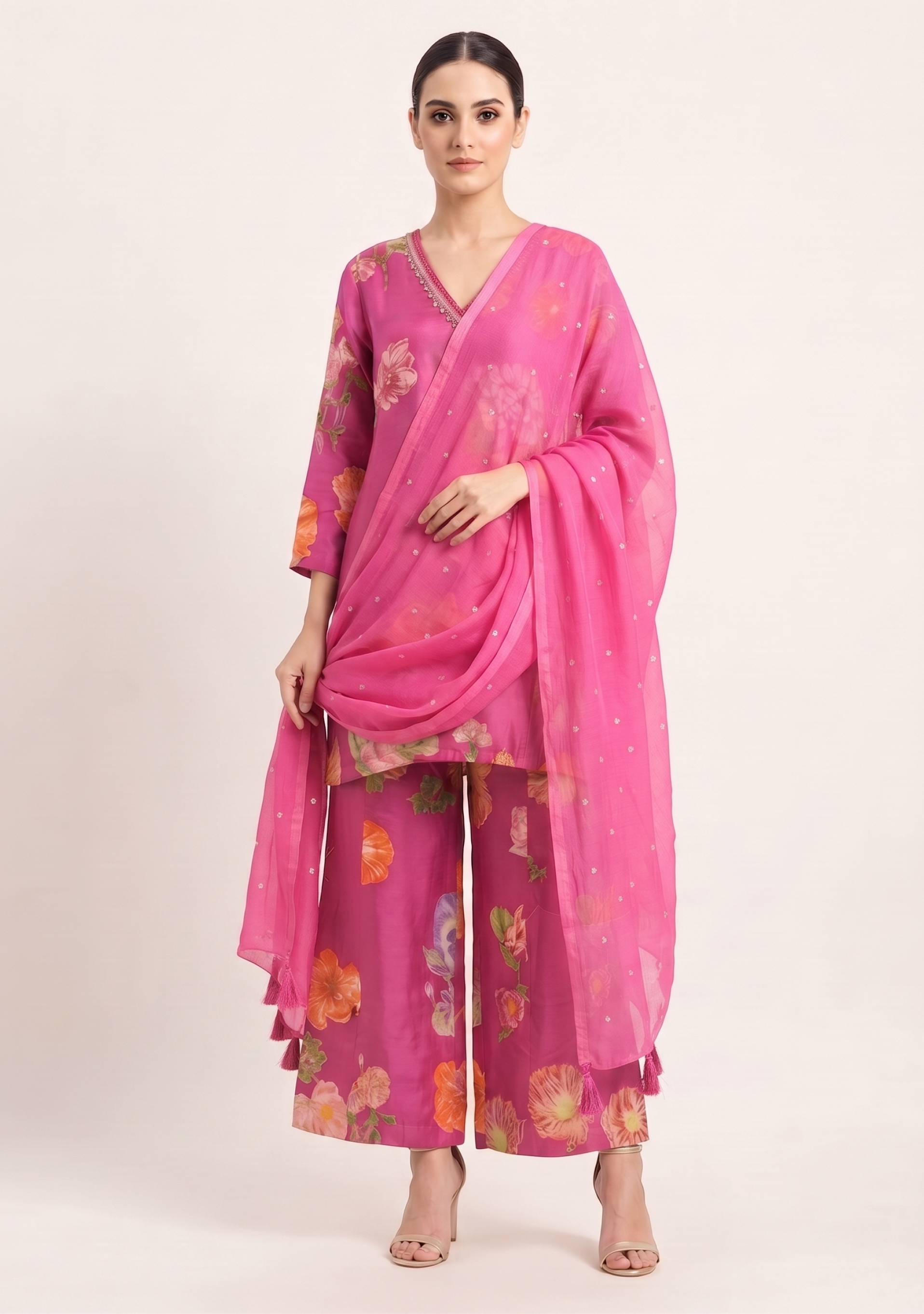 Pink Floral Printed Crepe Garara 3pc Suit Set