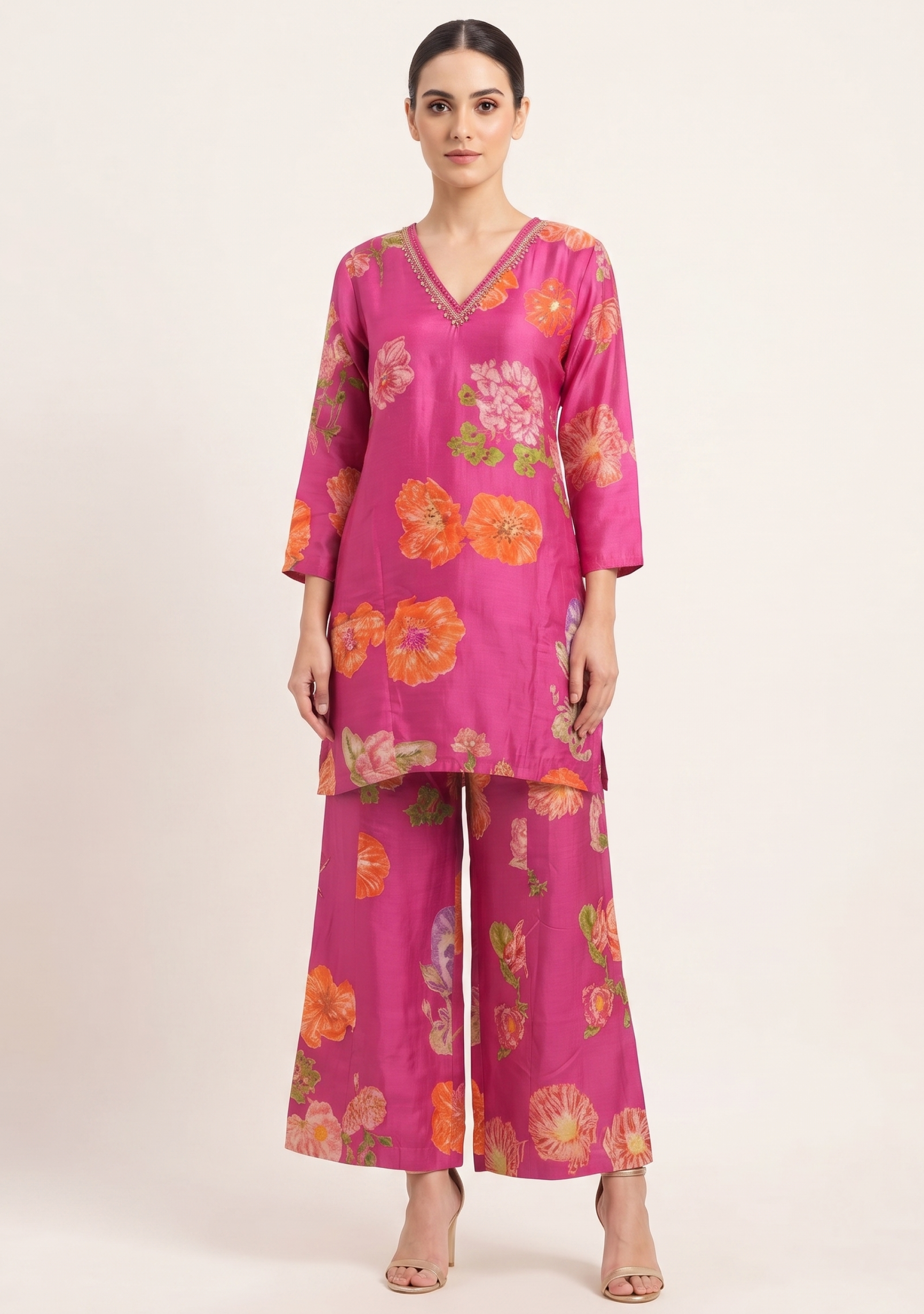Pink Floral Printed Crepe Garara 3pc Suit Set