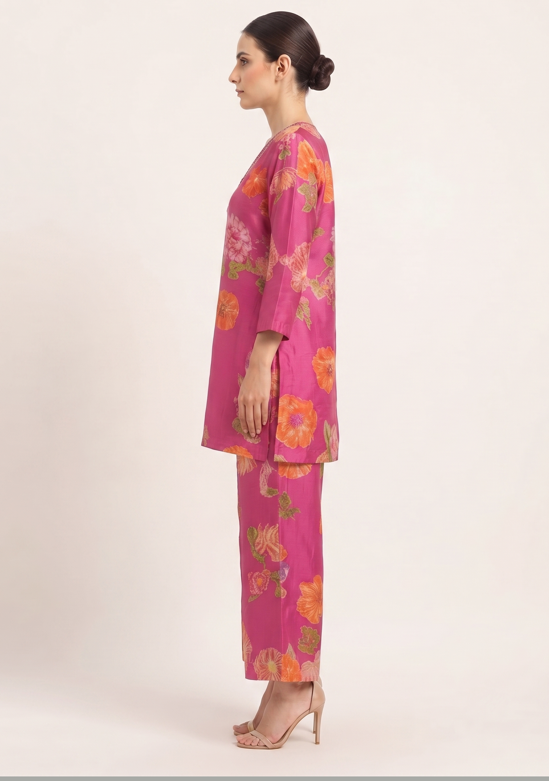 Pink Floral Printed Crepe Garara 3pc Suit Set