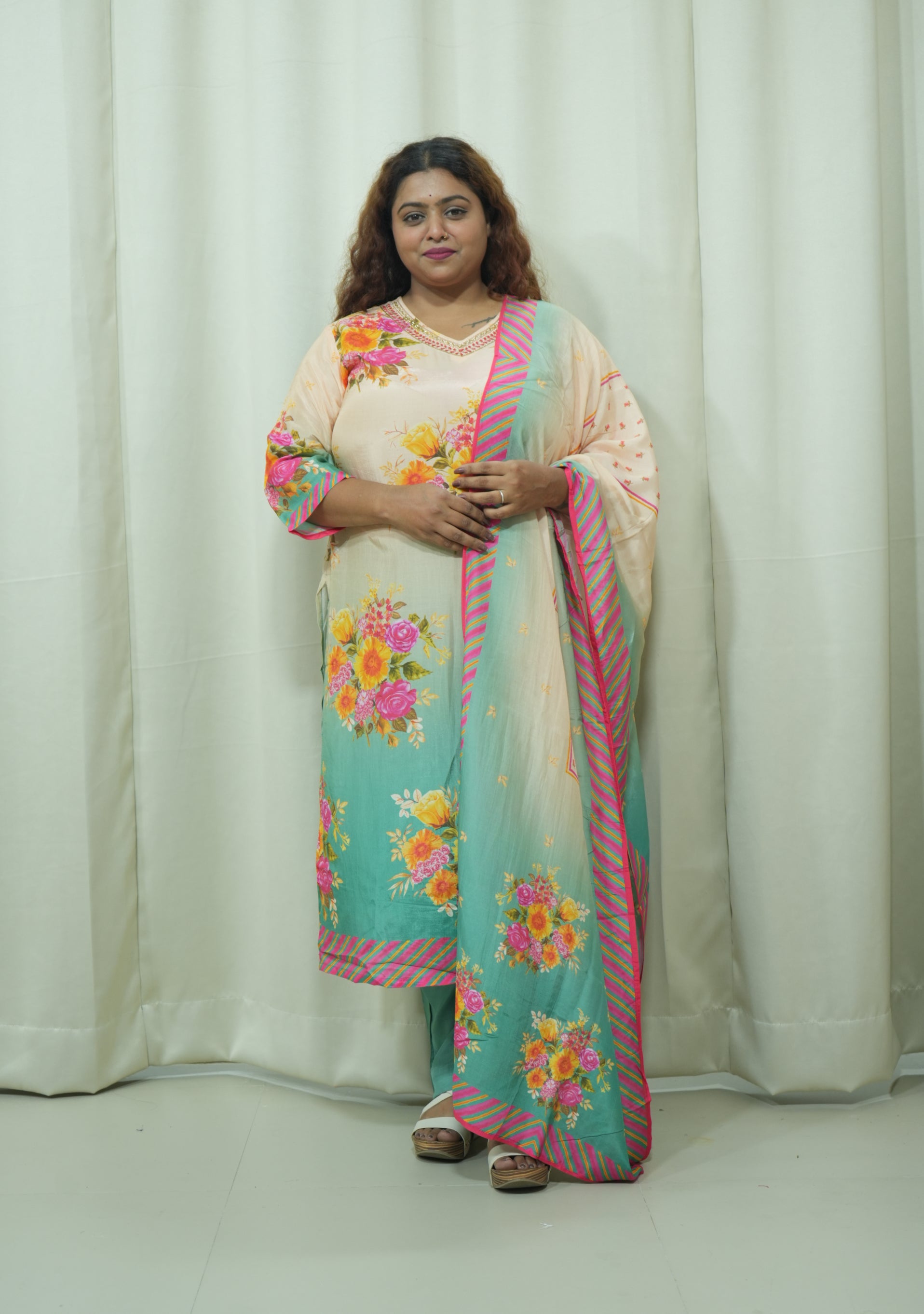 Pista Peach Crepe Floral Handcrafted 3pc suit set