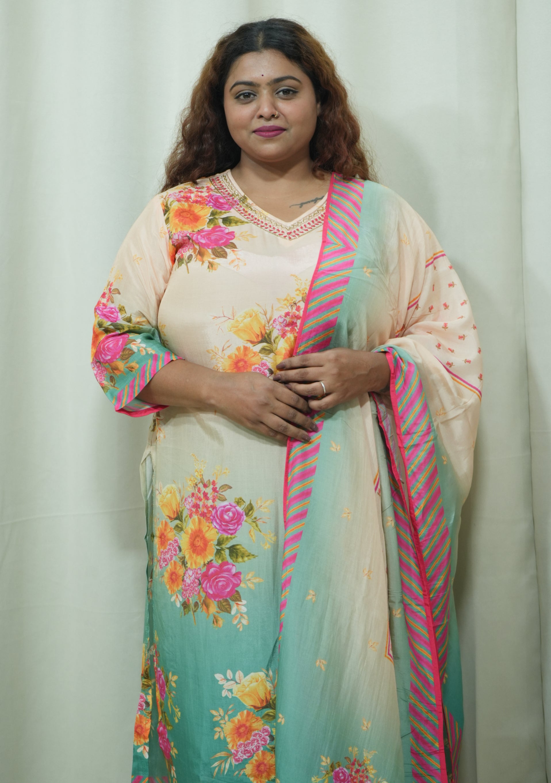 Pista Peach Crepe Floral Handcrafted 3pc suit set