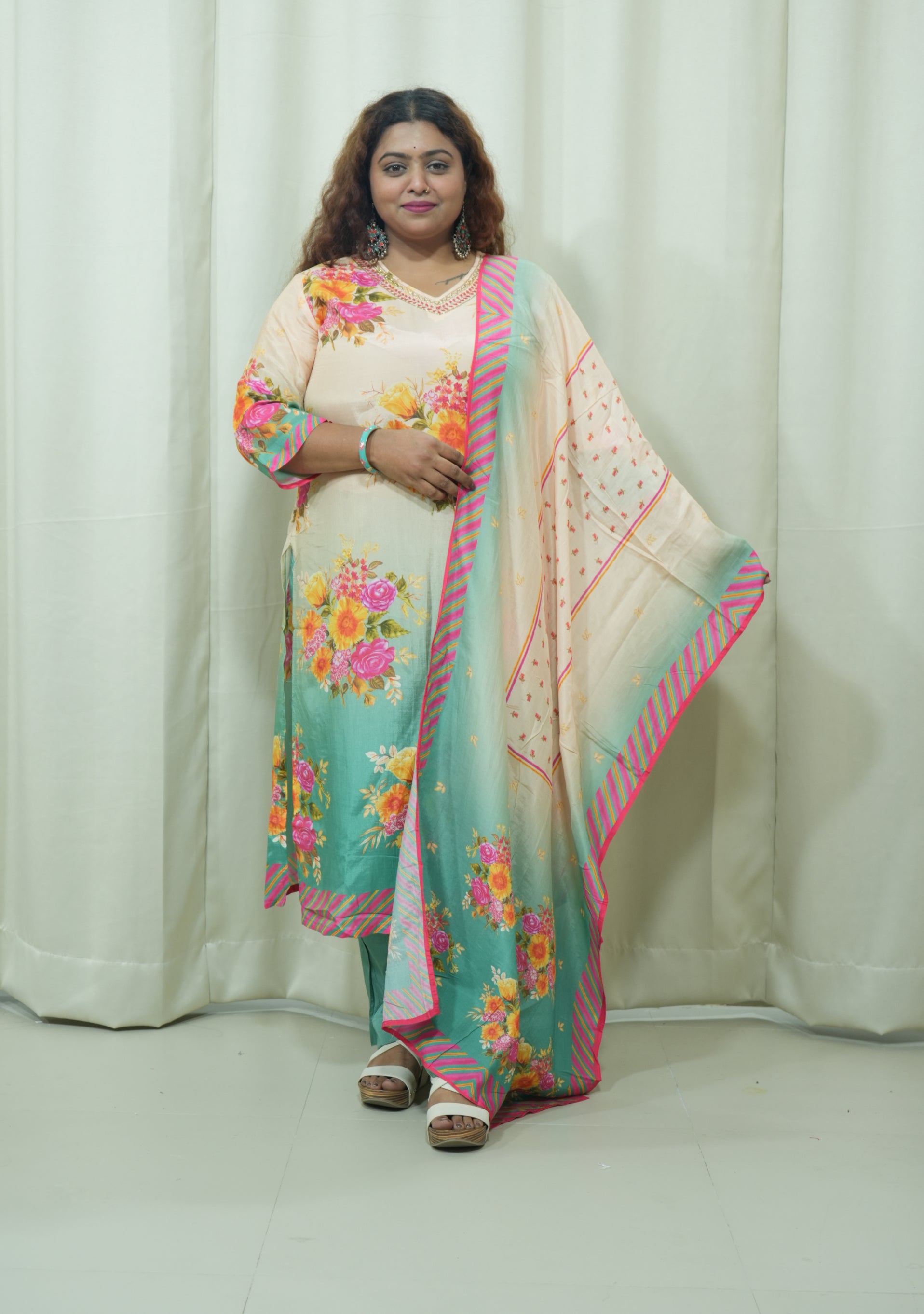 Pista Peach Crepe Floral Handcrafted 3pc suit set