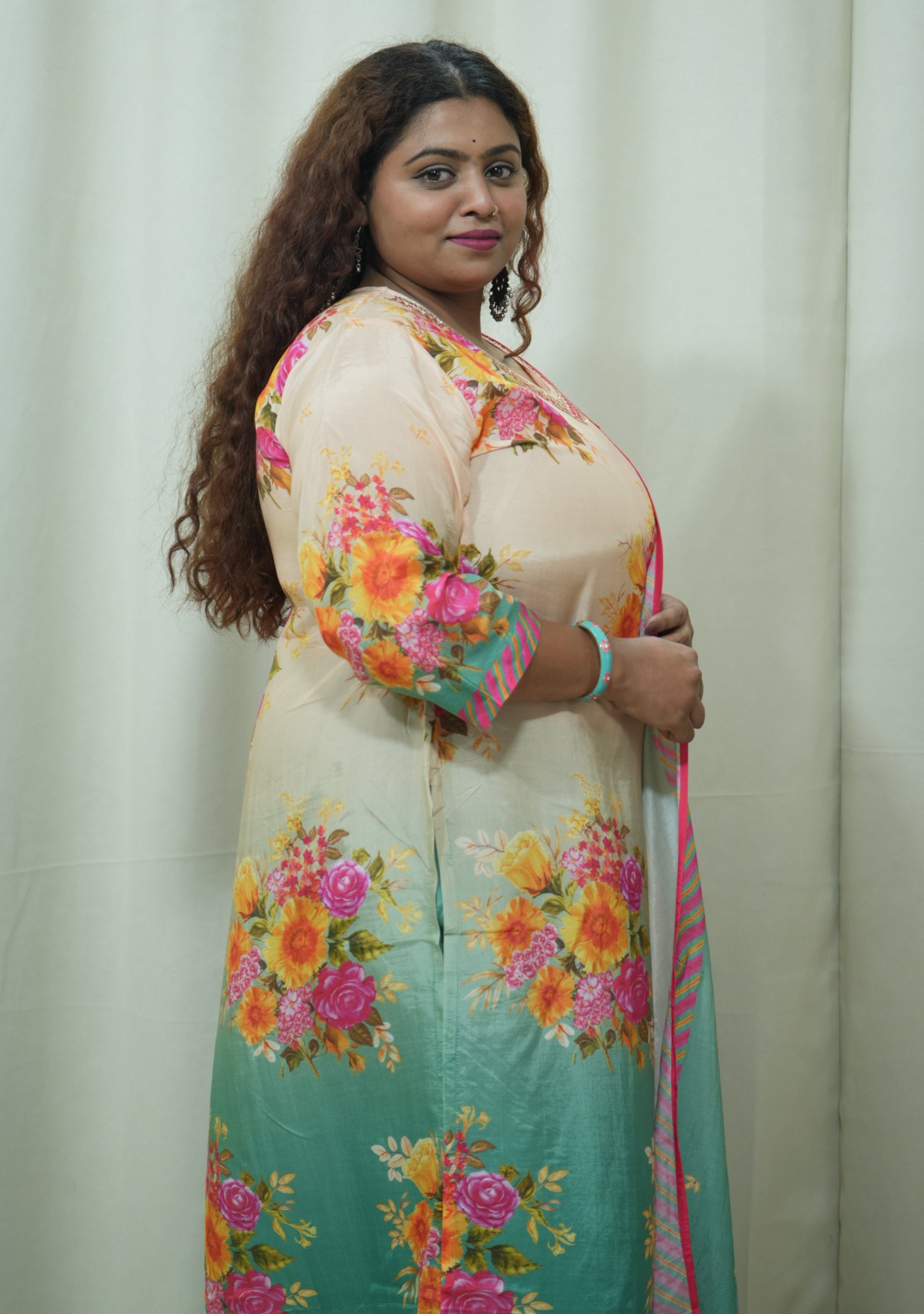 Pista Peach Crepe Floral Handcrafted 3pc suit set