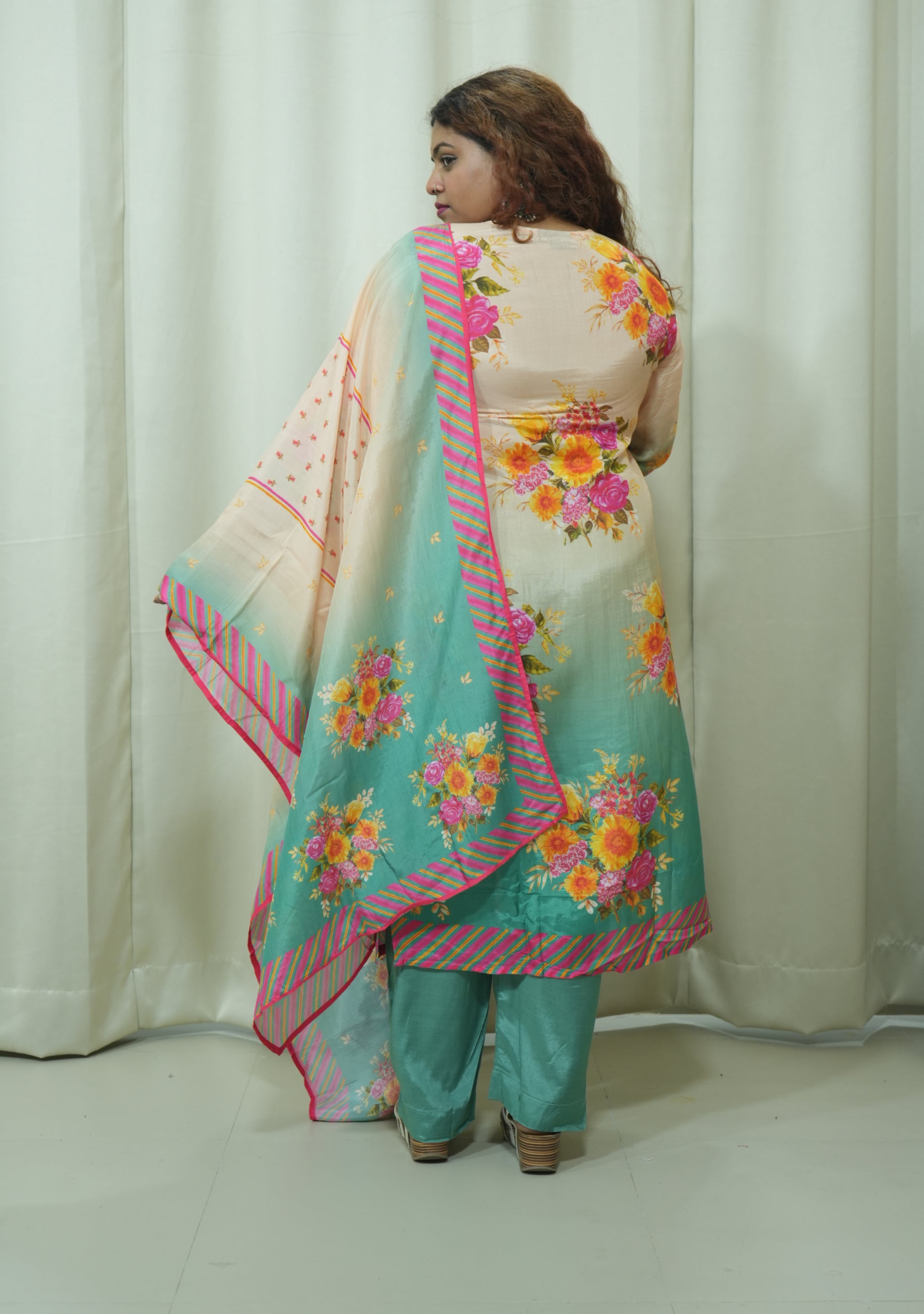 Pista Peach Crepe Floral Handcrafted 3pc suit set