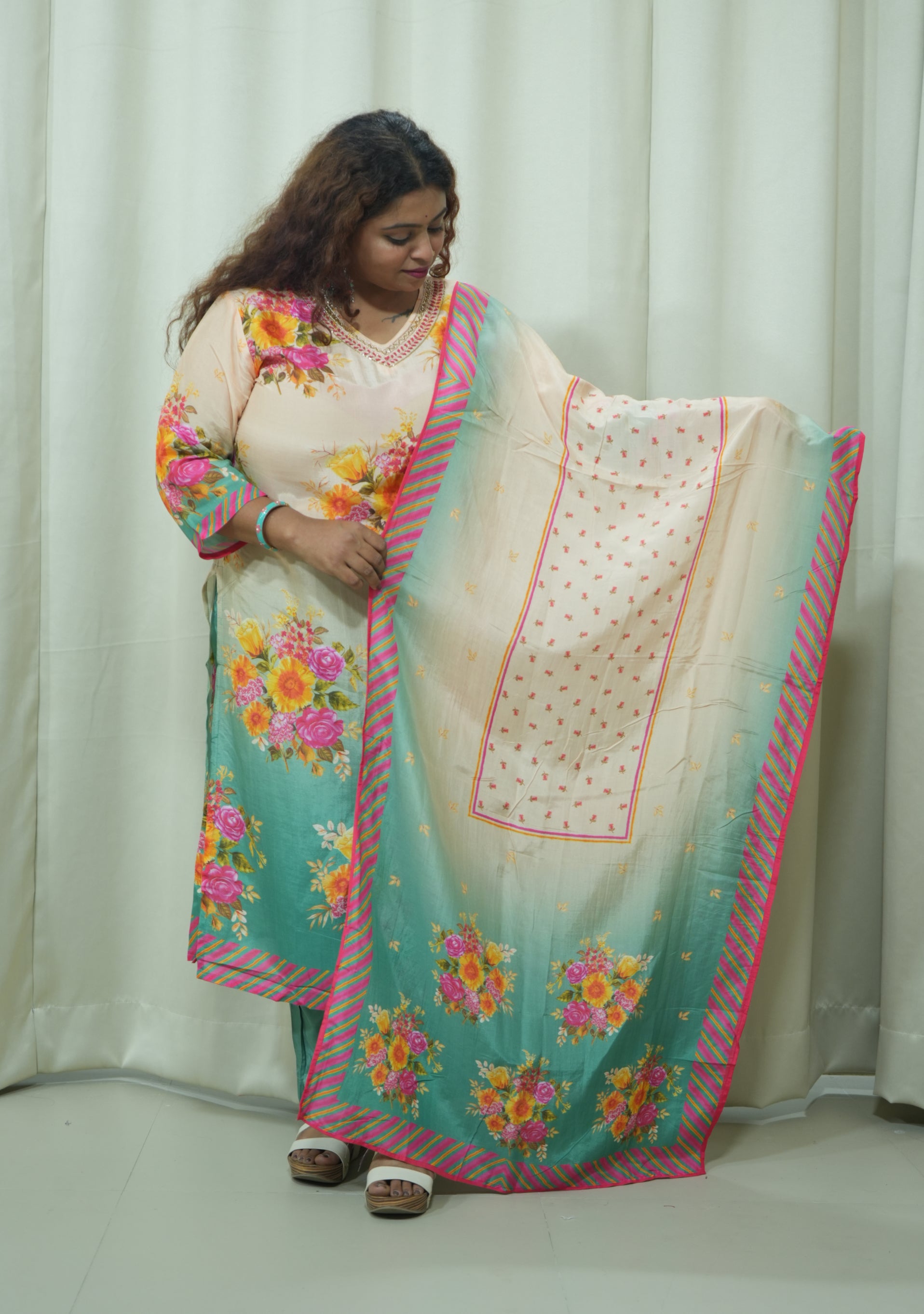 Pista Peach Crepe Floral Handcrafted 3pc suit set
