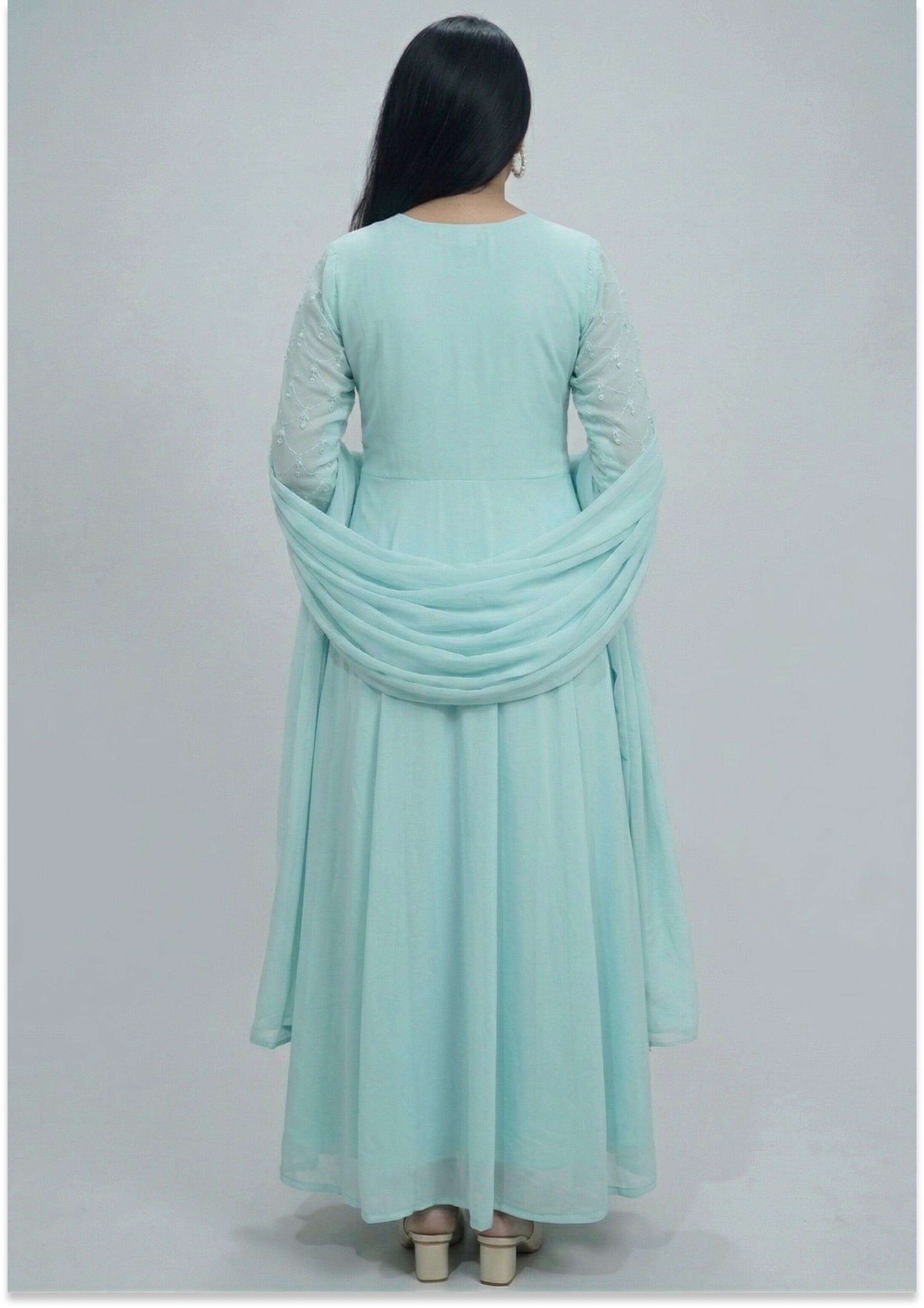 Aqua Green Floor Length Handcrafted Indo-Western 3pc Suit