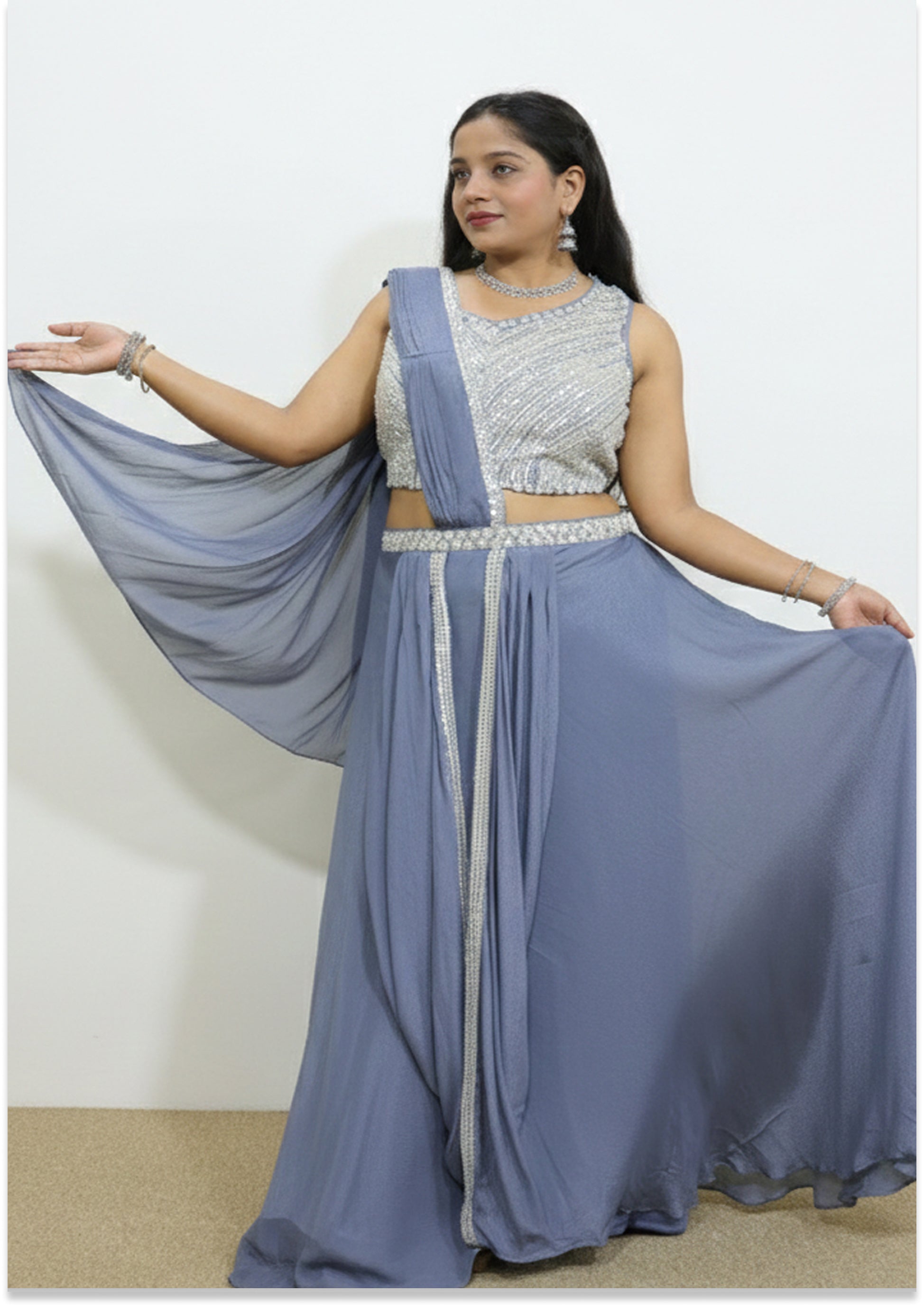Grey Silver-Handwork Indo-Western Drape/Lehenga
