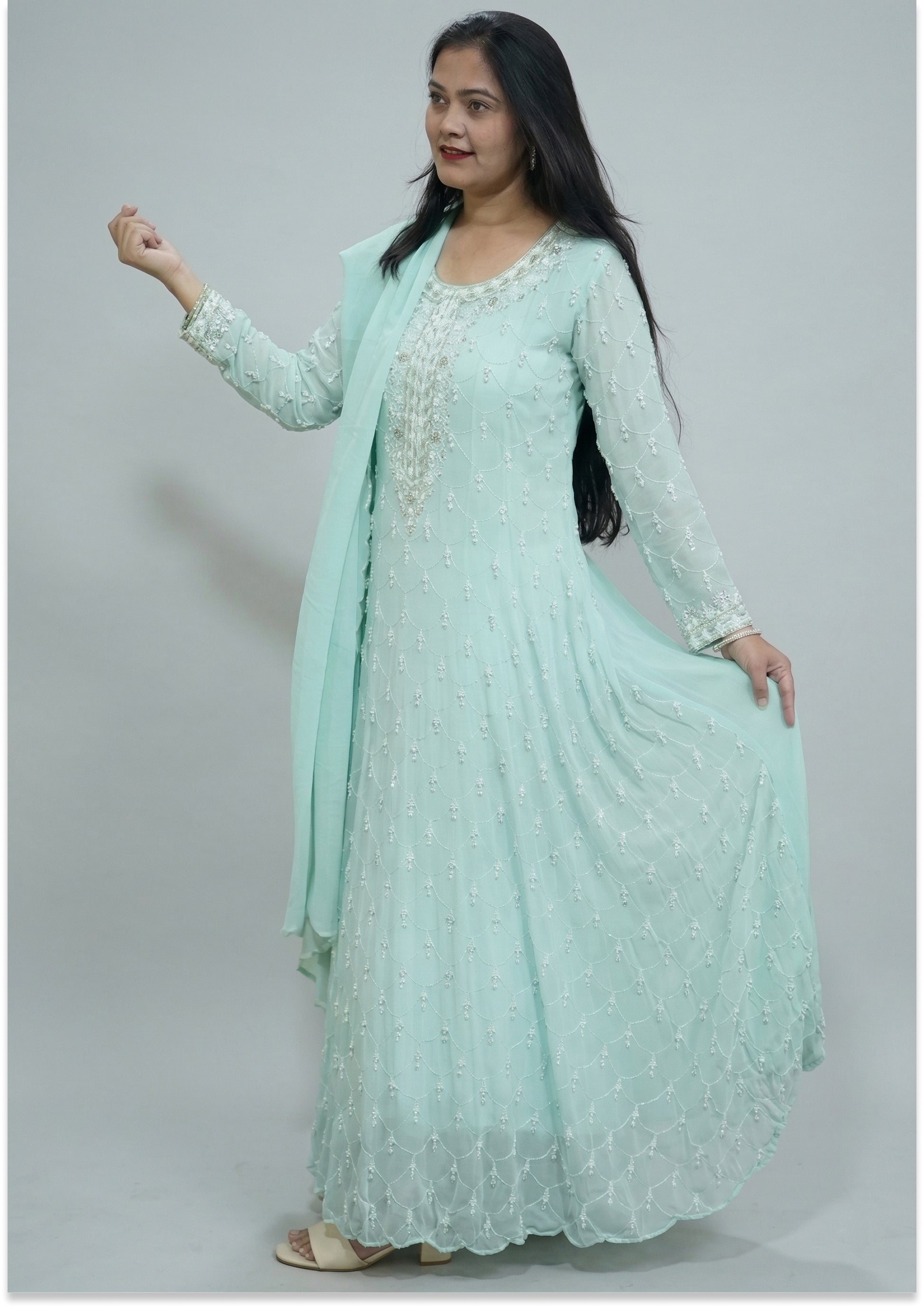 Aqua Green Floor Length Handcrafted Indo-Western 3pc Suit