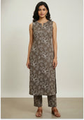 Tobacco Brown Handcrafted A-line Kurti Set