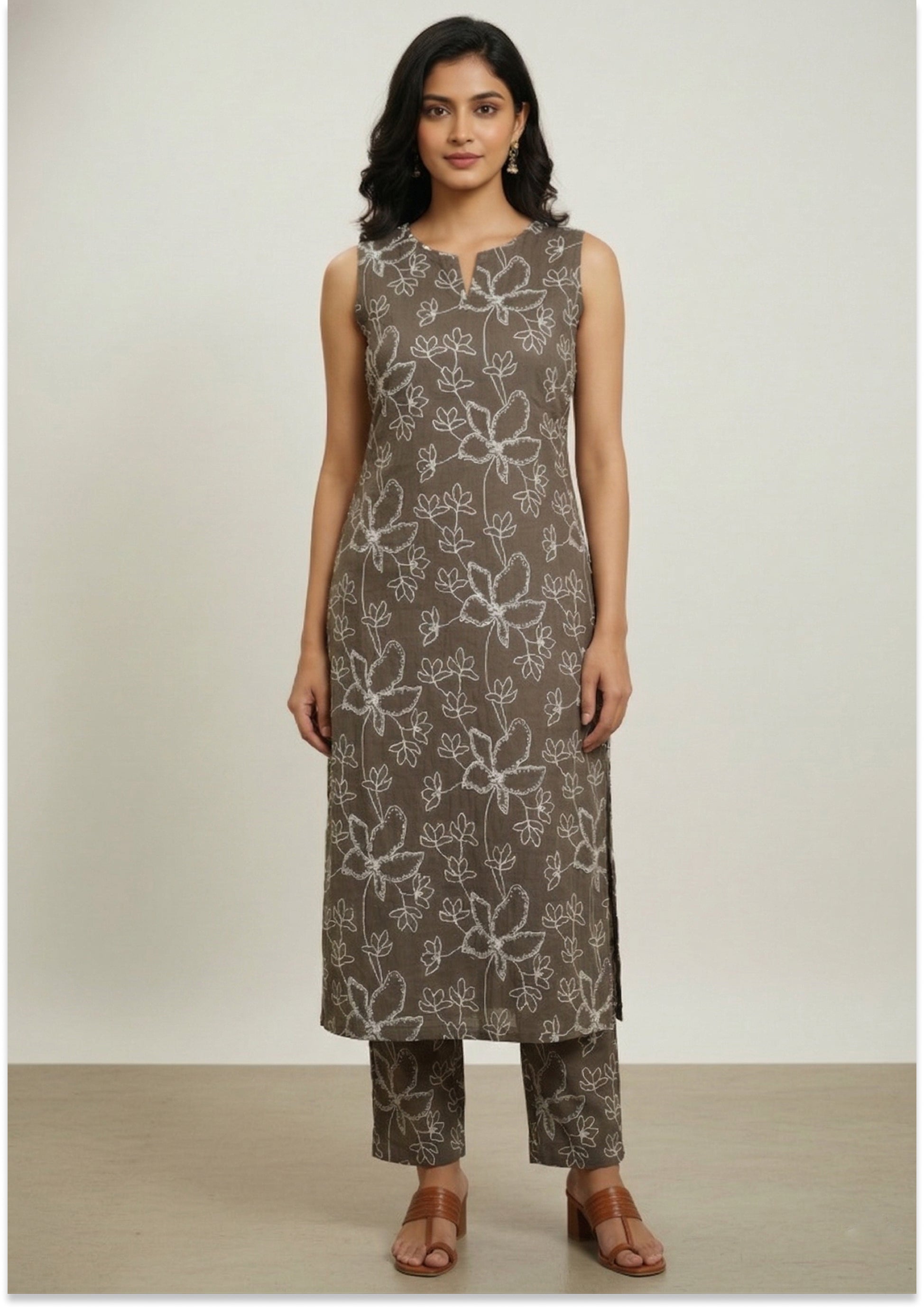 Tobacco Brown Handcrafted A-line Kurti Set
