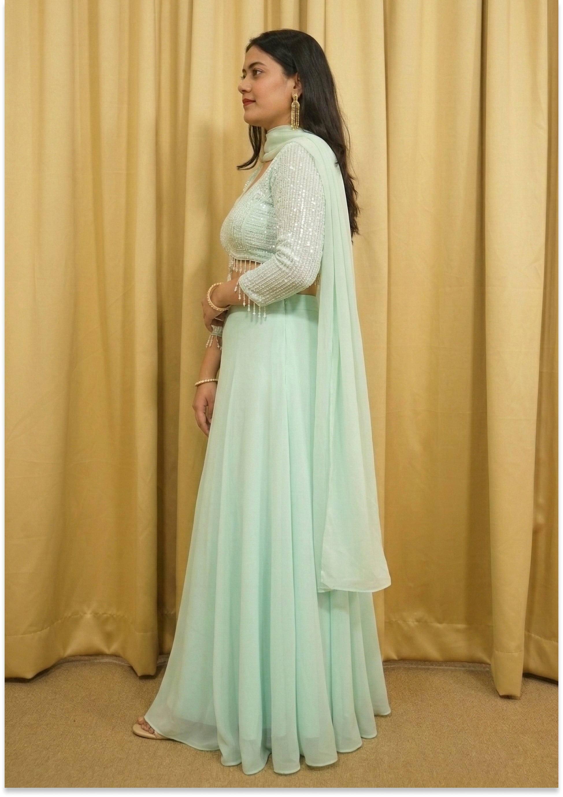Aqua Green Handcrafted Lehenga Choli Set