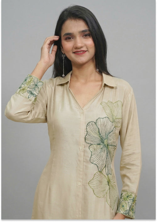 Beige Handcrafted Silk Co-ord Set