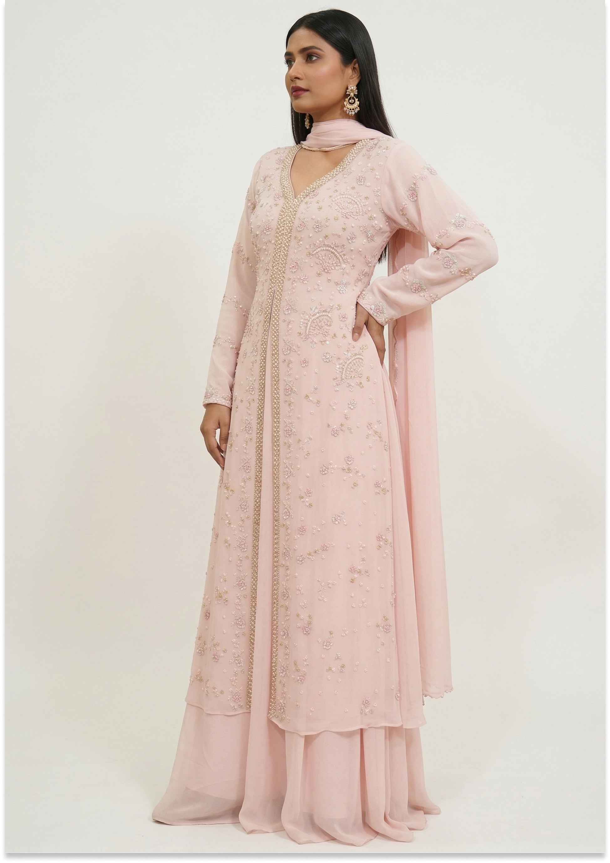 Nude Pink Handcrafted Indo-Western Slit Cut
