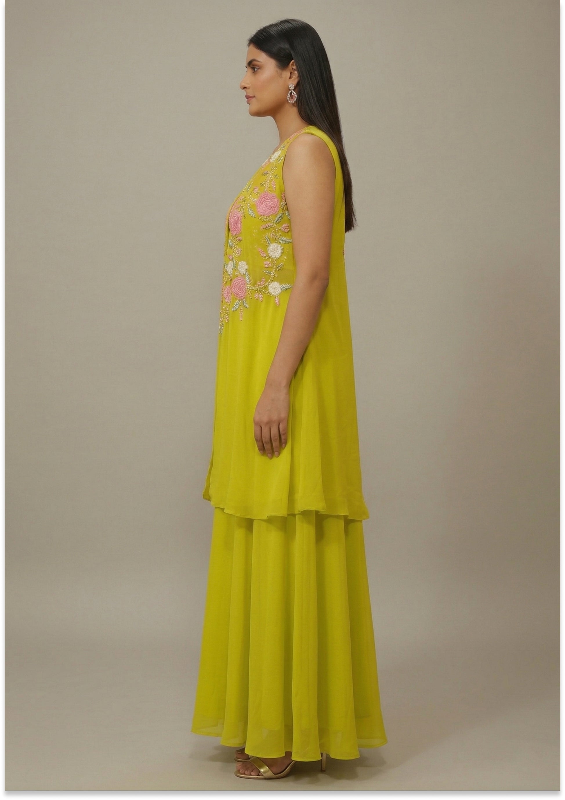 Light Mehndi Green Handcrafted Cape Set Indo Western Lehenga