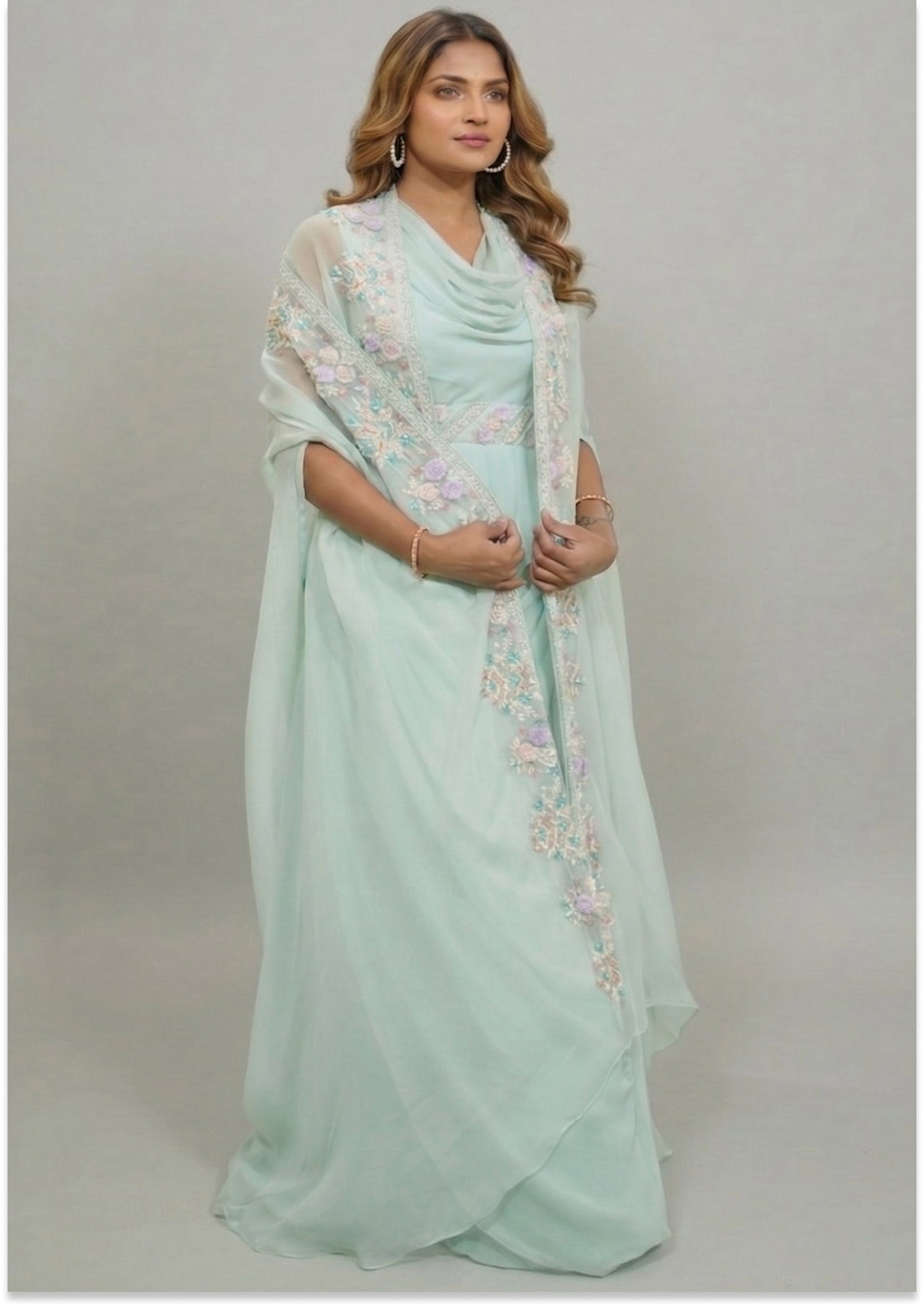 Aqua Green Indo-Western Handcrafted Cowl Neck Evening Gown