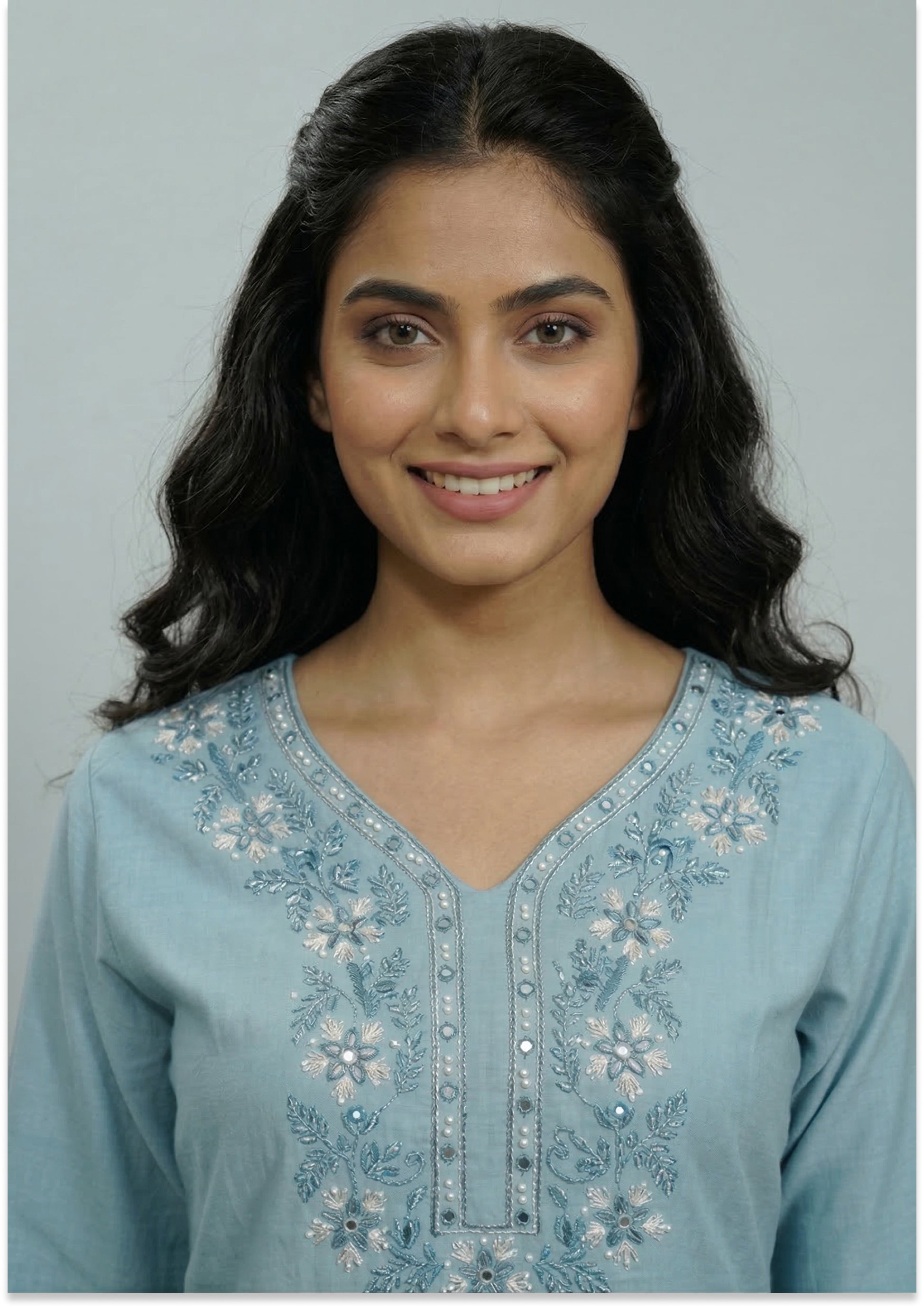 Greyish Blue Handcrafted Cotton Kurti