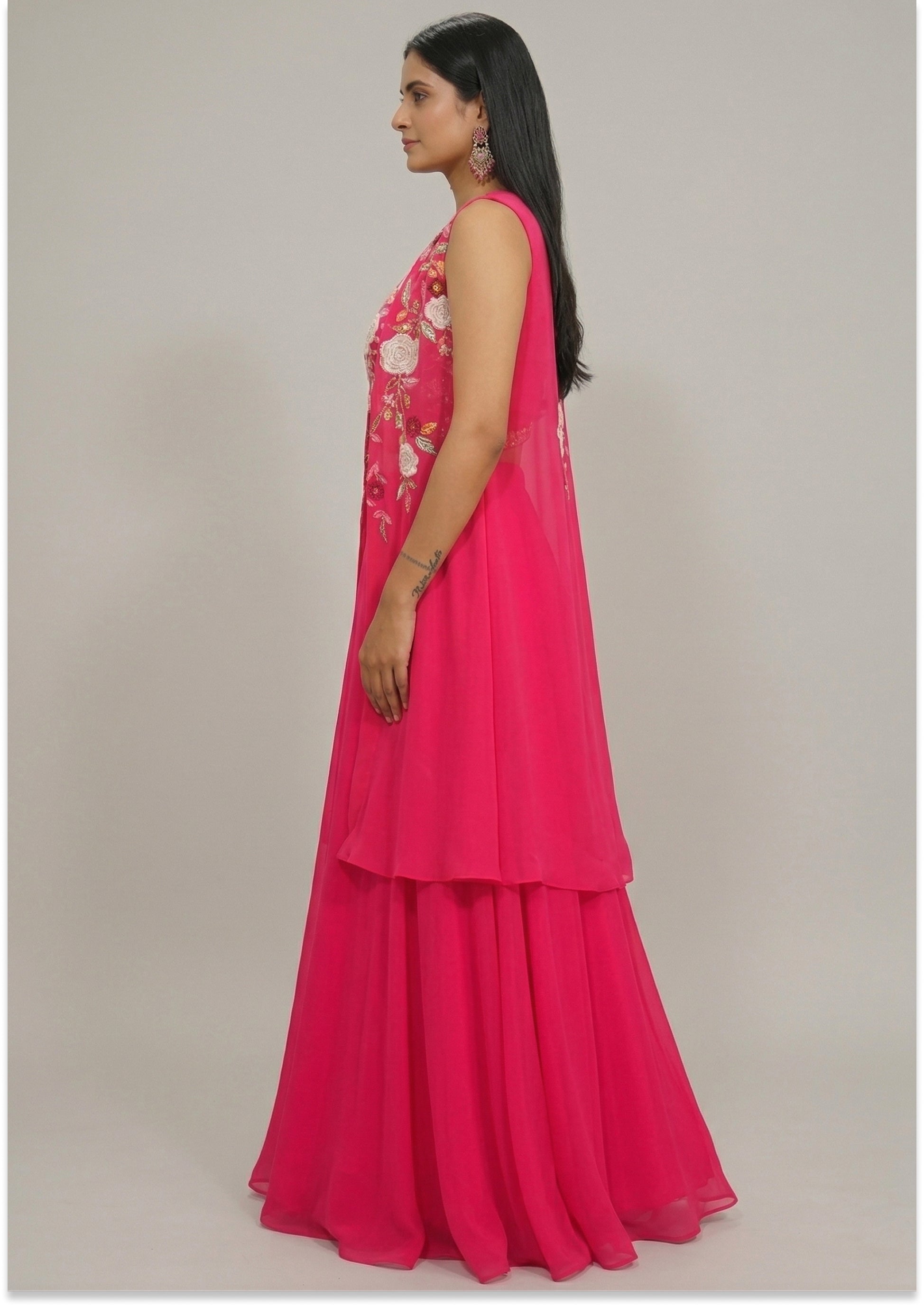 Magenta Handcrafted Lehenga with Cape