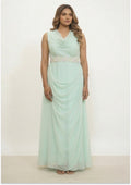 Aqua Green Indo-Western Handcrafted Cowl Neck Evening Gown