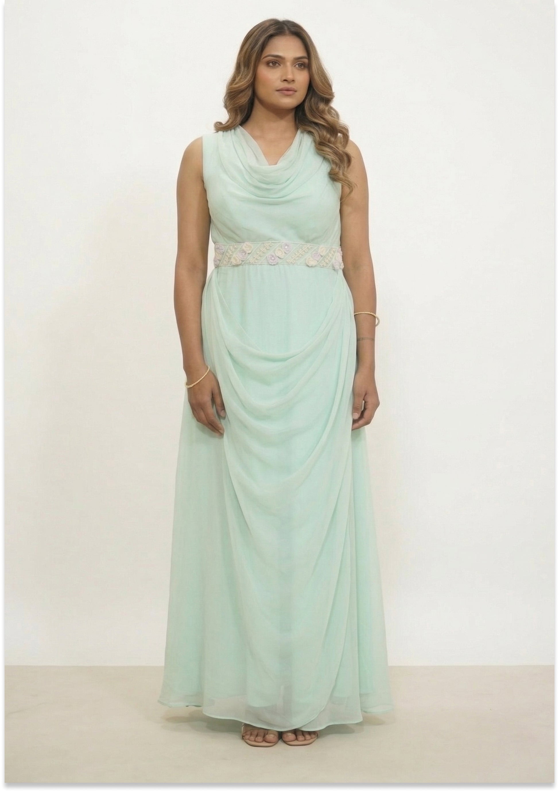 Aqua Green Indo-Western Handcrafted Cowl Neck Evening Gown