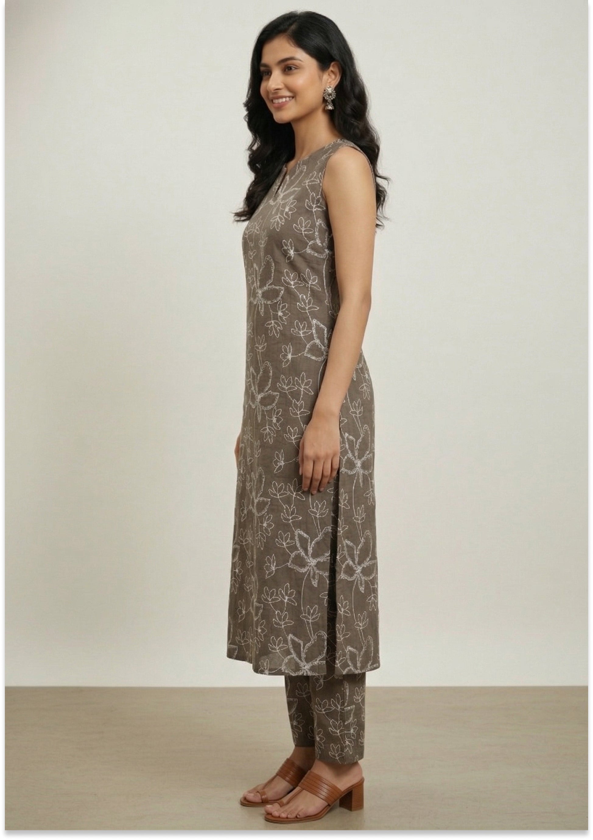 Tobacco Brown Handcrafted A-line Kurti Set