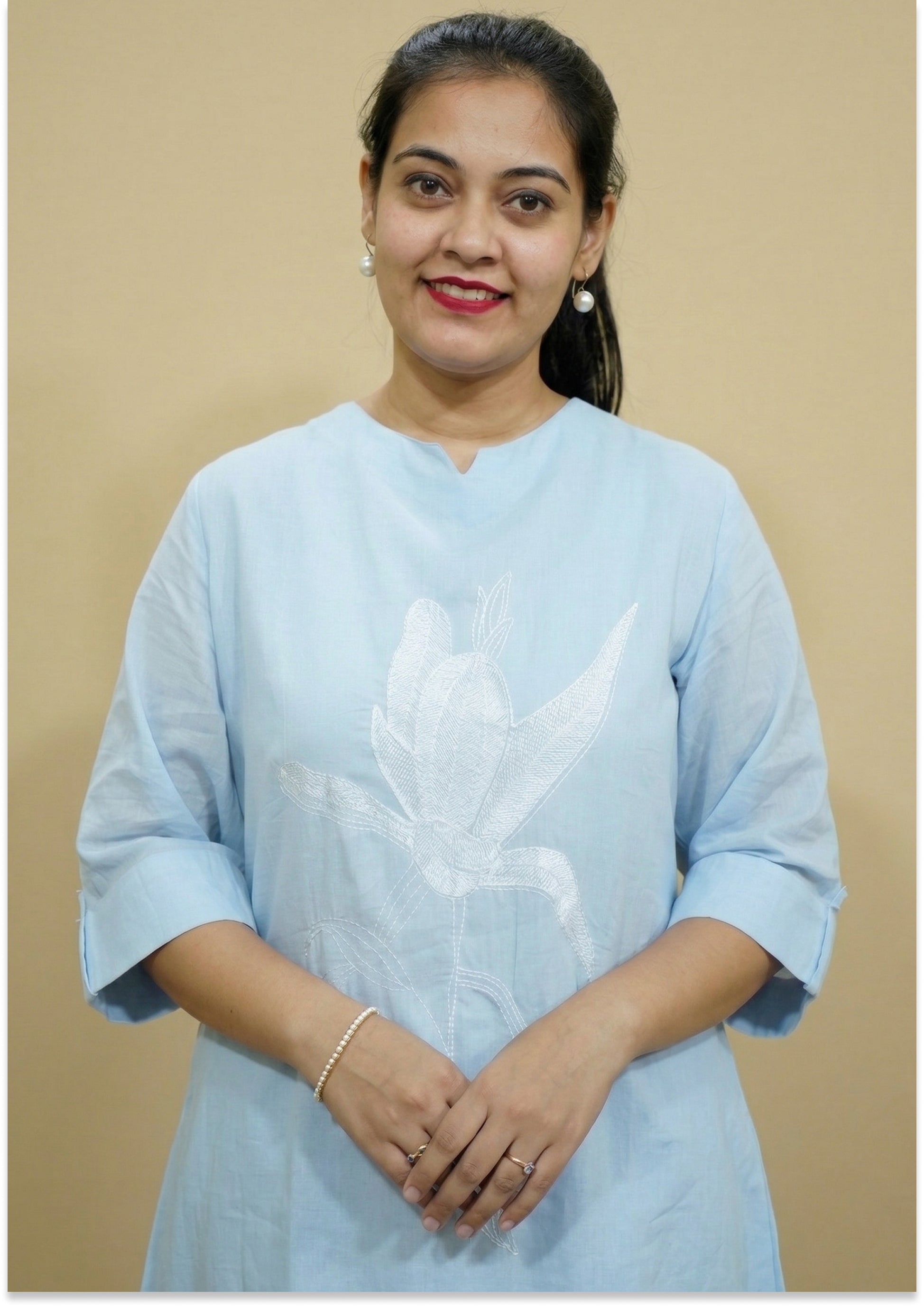 Light Sky-Blue Mul Cotton Handcrafted Suit Set