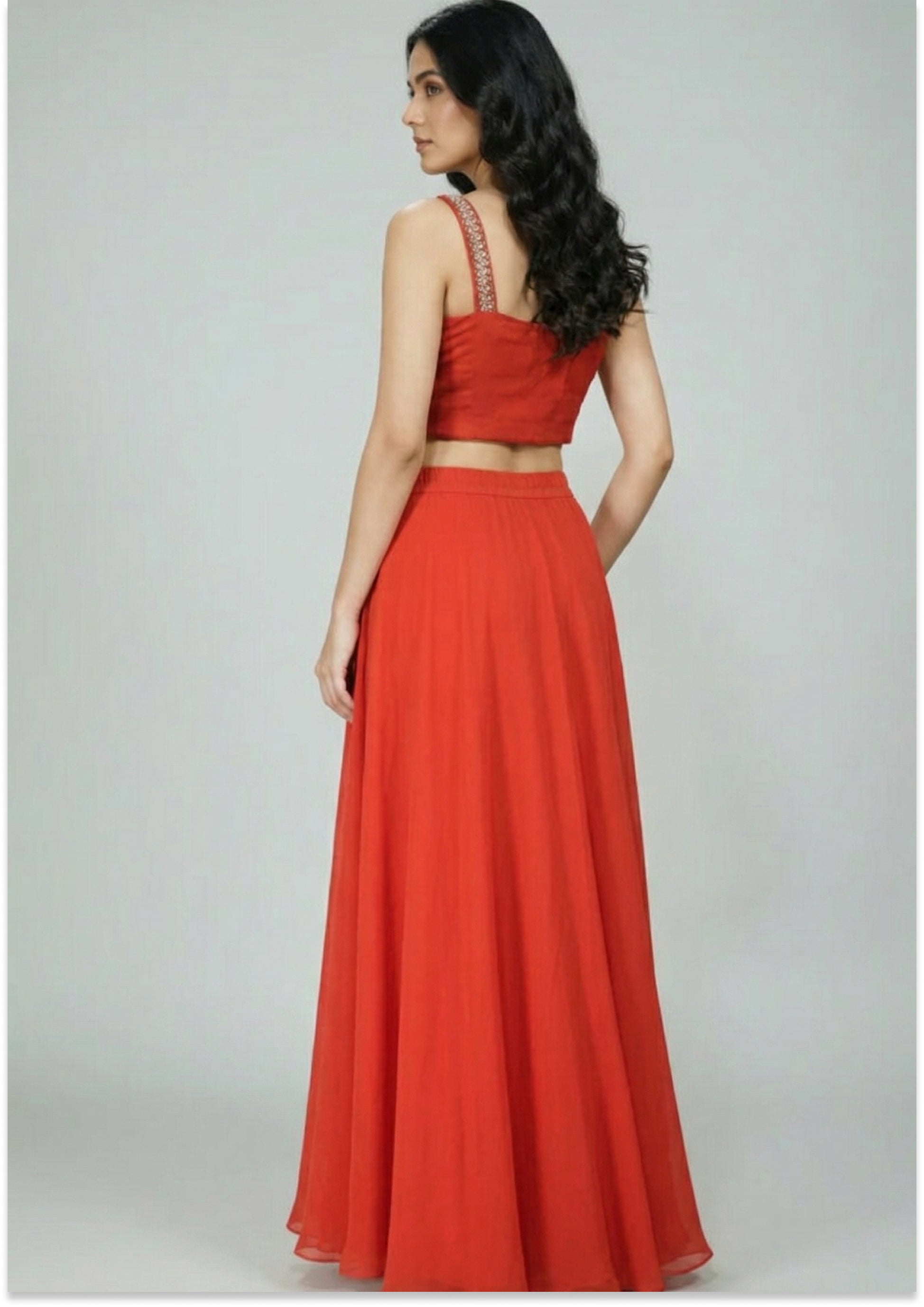 Rust Handcrafted Indo-Western Lehenga with Cape