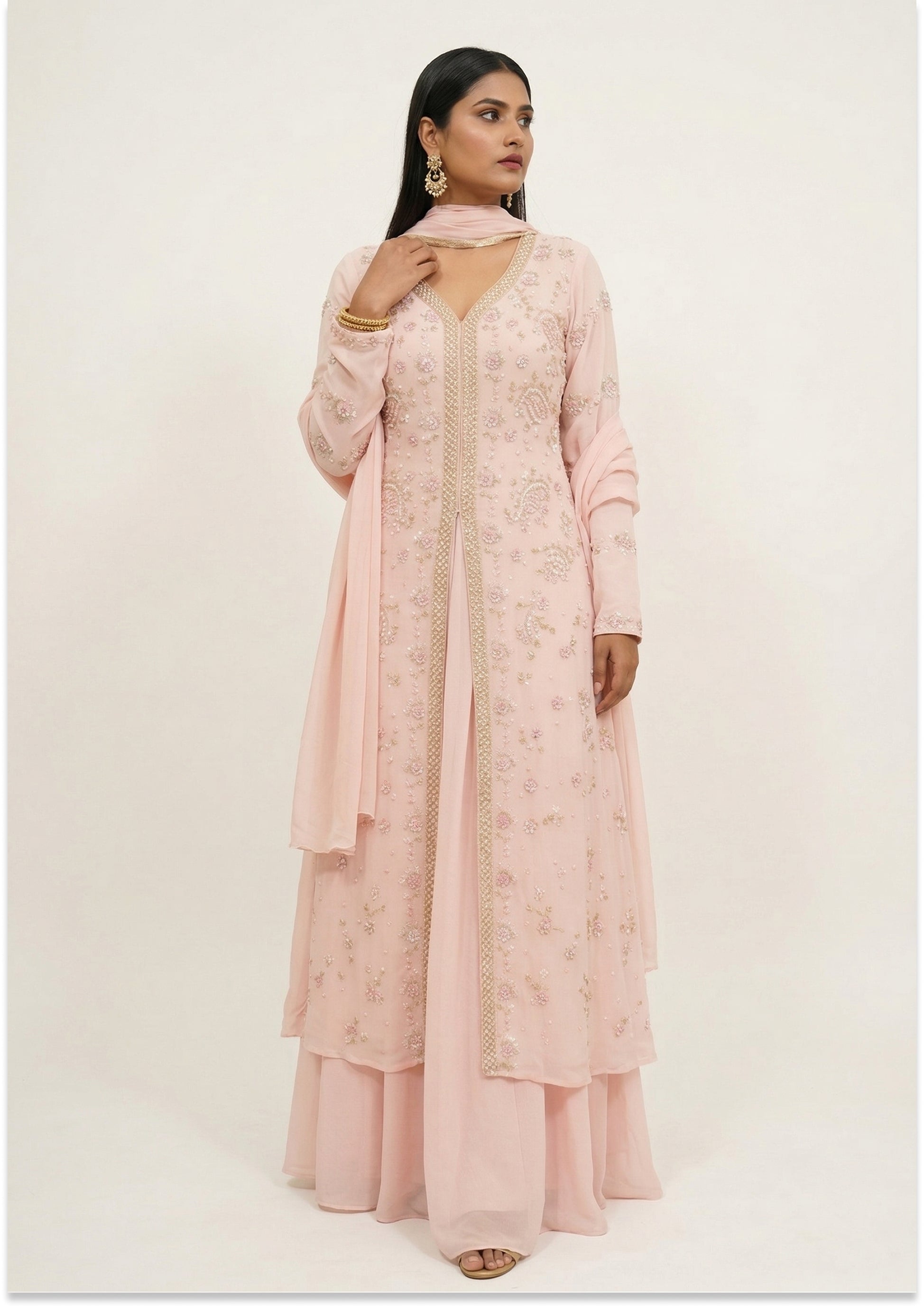 Nude Pink Handcrafted Indo-Western Slit Cut