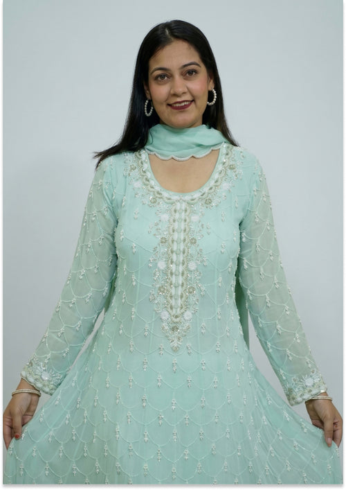 Aqua Green Floor Length Handcrafted Indo-Western 3pc Suit