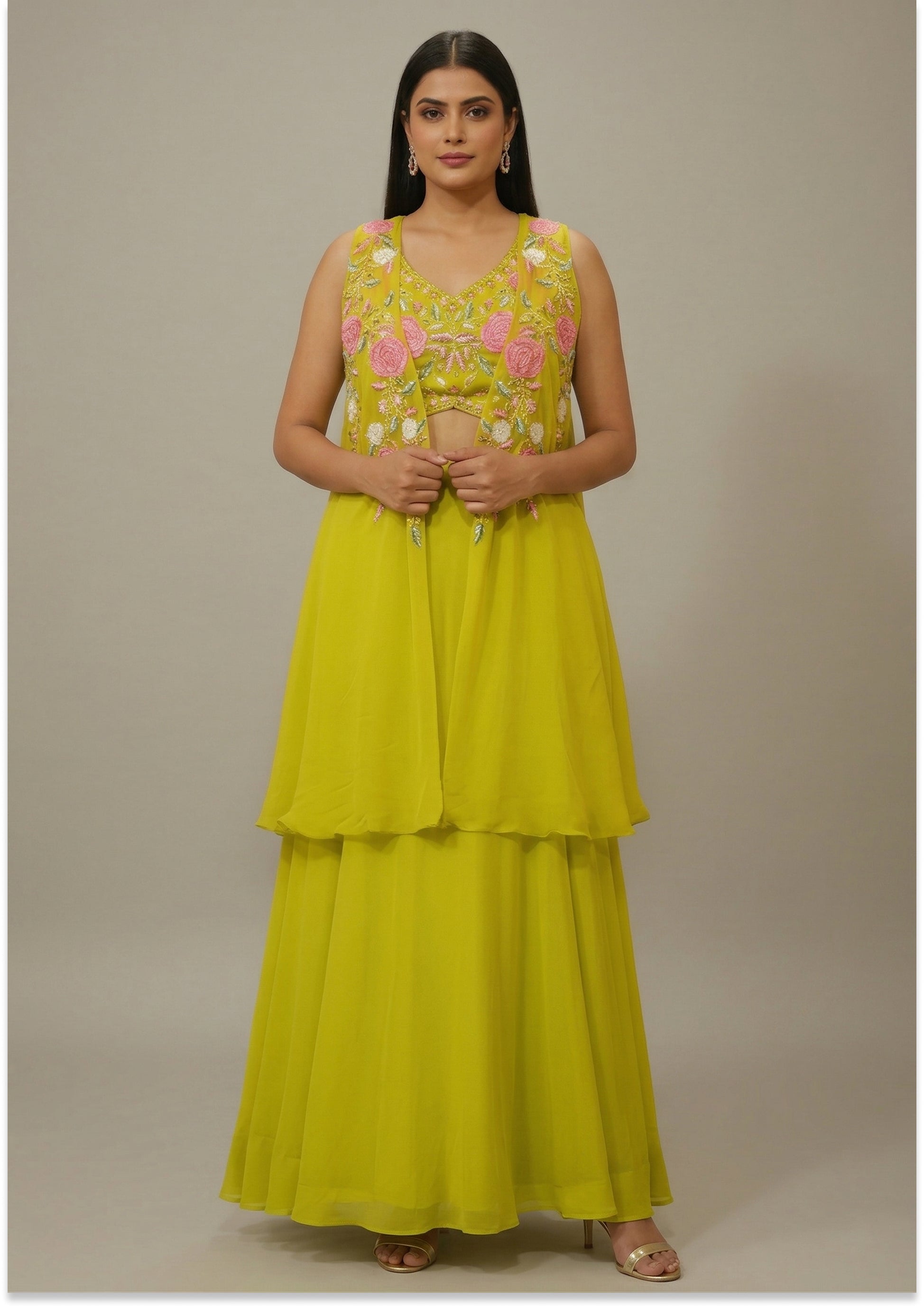 Light Mehndi Green Handcrafted Cape Set Indo Western Lehenga