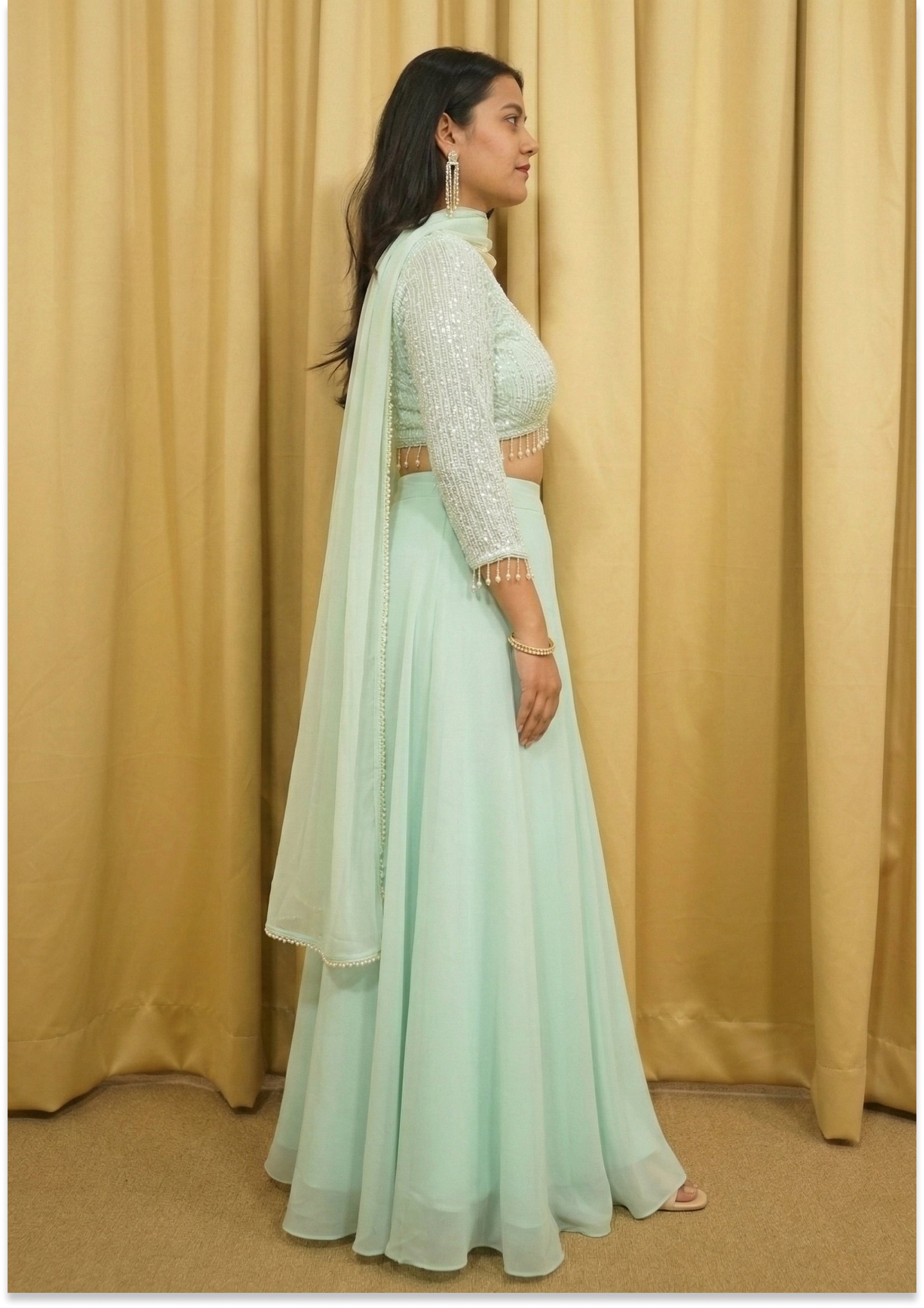 Aqua Green Handcrafted Lehenga Choli Set