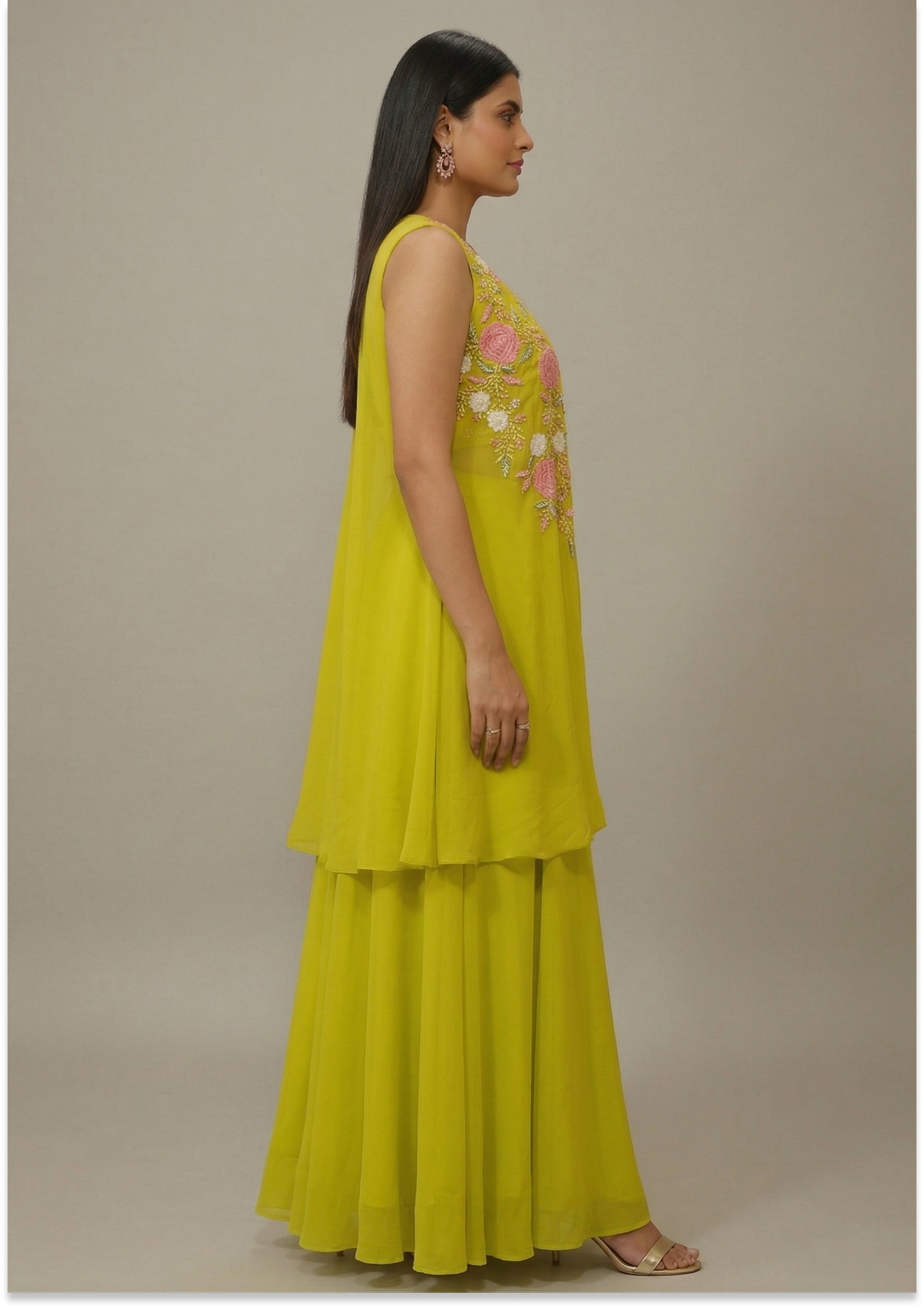 Light Mehndi Green Handcrafted Cape Set Indo Western Lehenga