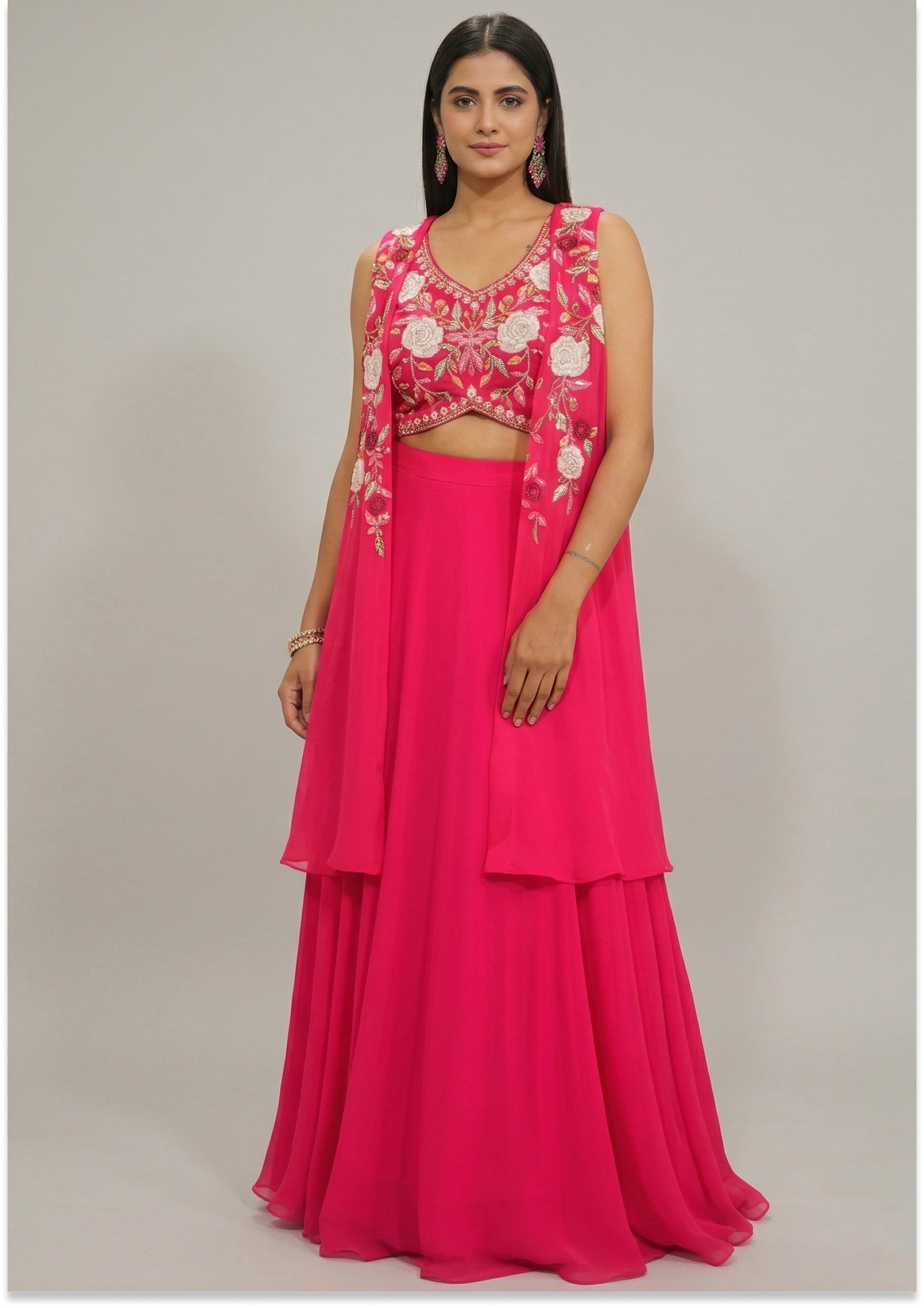 Magenta Handcrafted Lehenga with Cape