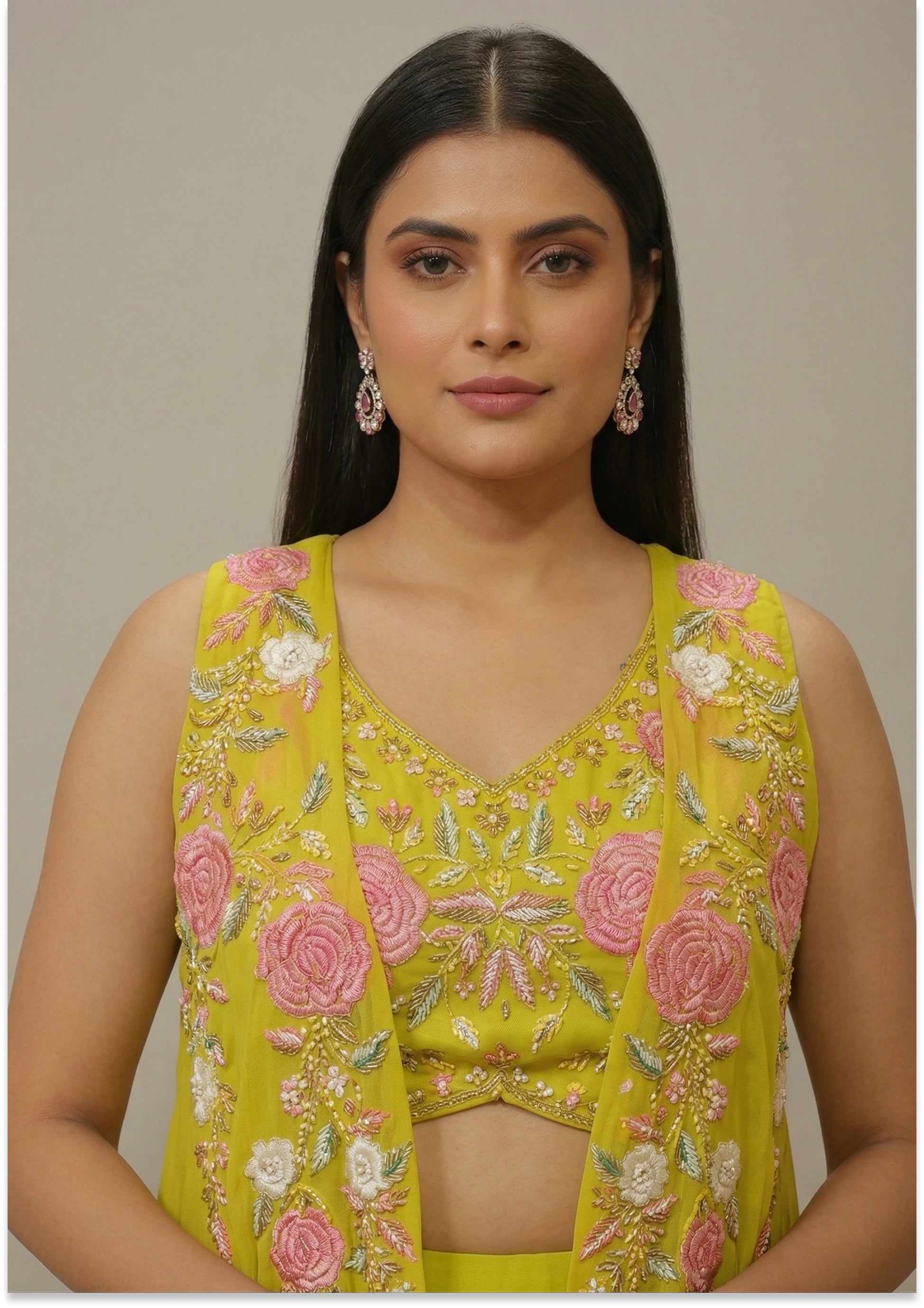 Light Mehndi Green Handcrafted Cape Set Indo Western Lehenga