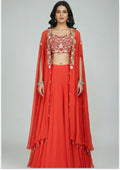 Rust Handcrafted Indo-Western Lehenga with Cape
