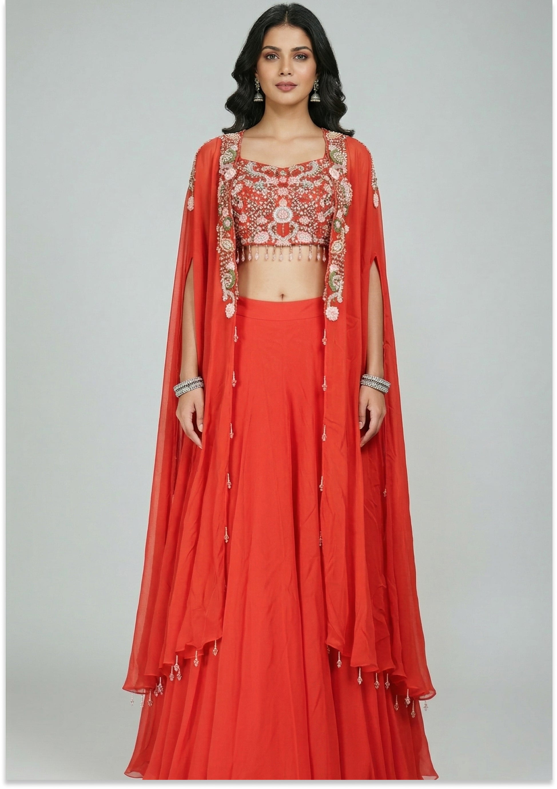 Rust Handcrafted Indo-Western Lehenga with Cape