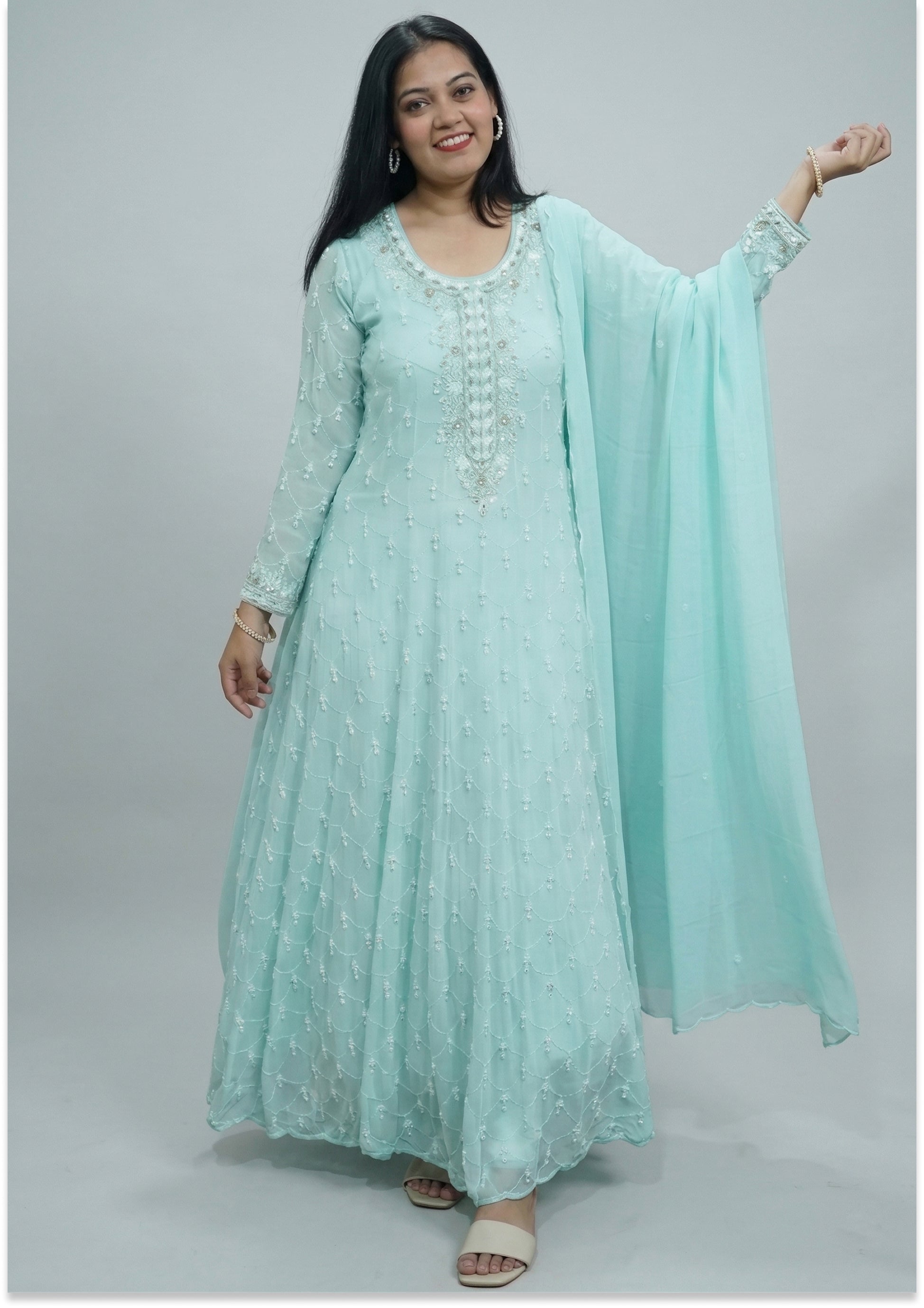 Aqua Green Floor Length Handcrafted Indo-Western 3pc Suit