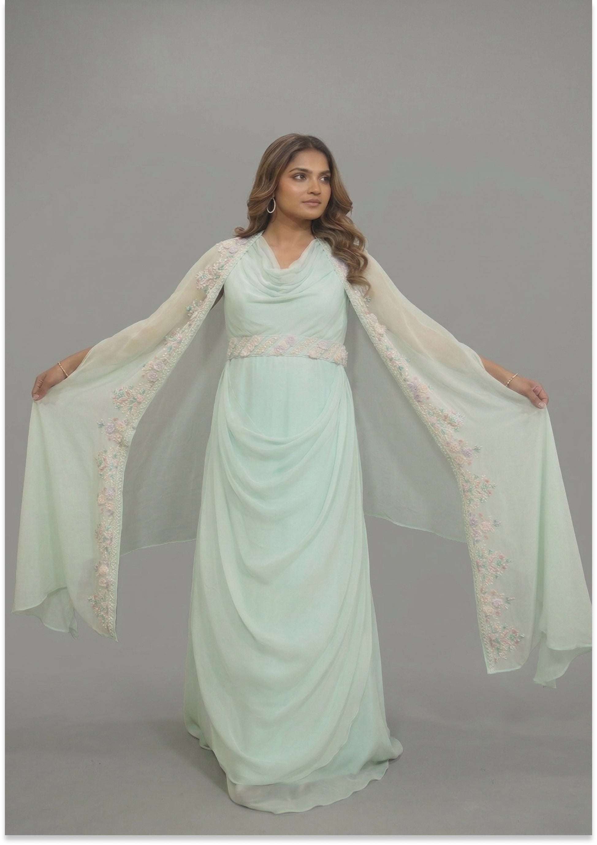 Aqua Green Indo-Western Handcrafted Cowl Neck Evening Gown