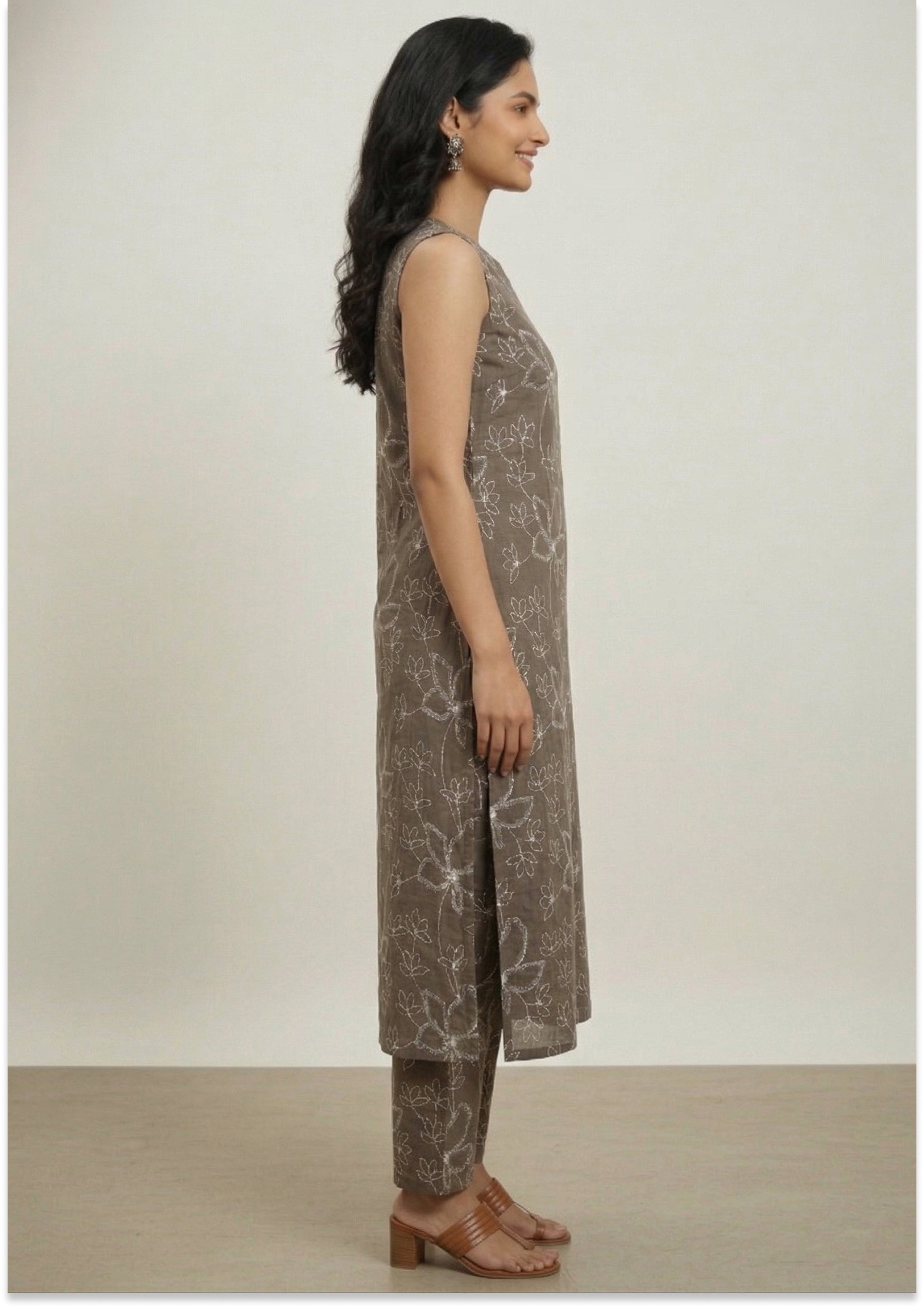 Tobacco Brown Handcrafted A-line Kurti Set
