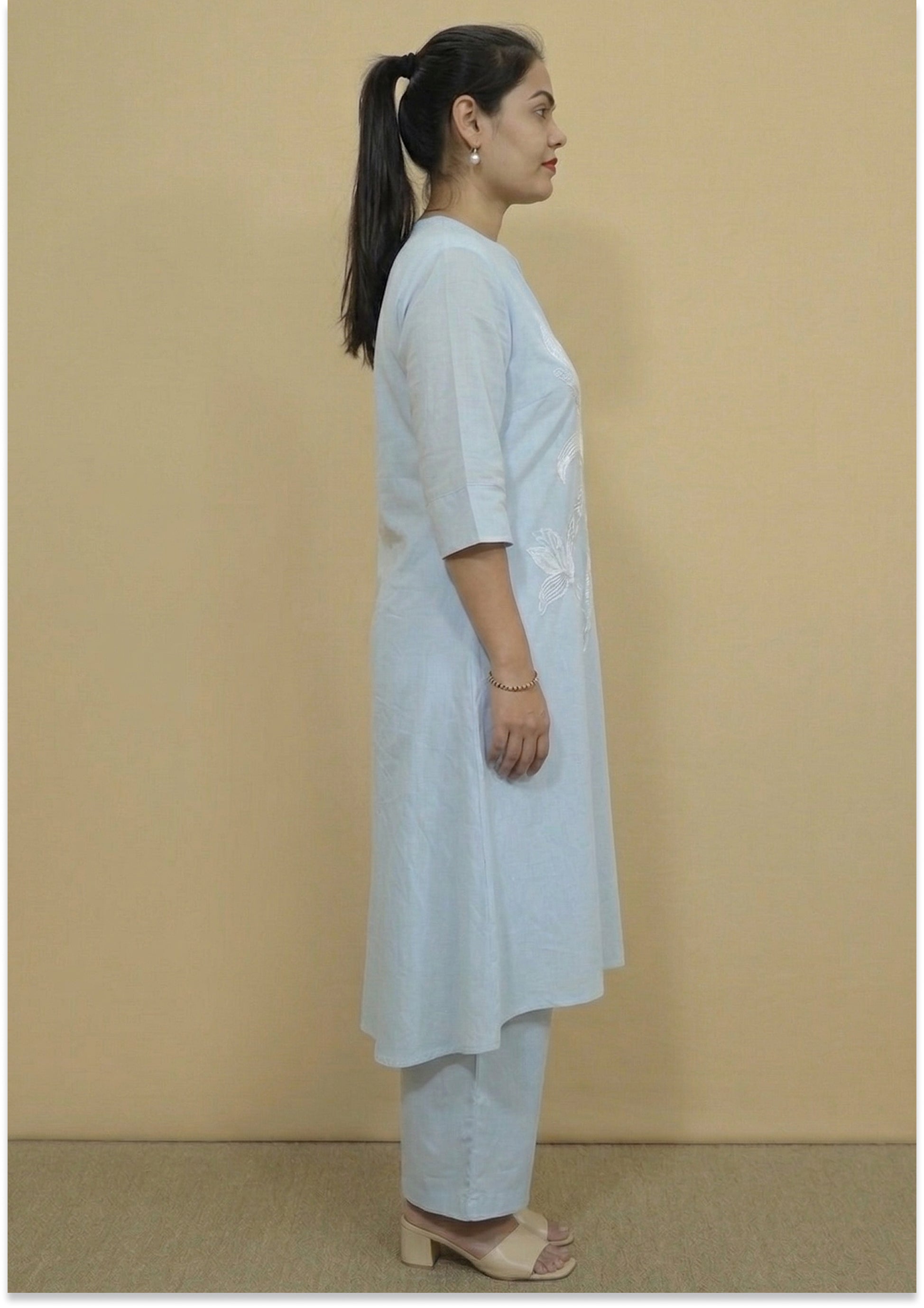Light Sky-Blue Mul Cotton Handcrafted Suit Set