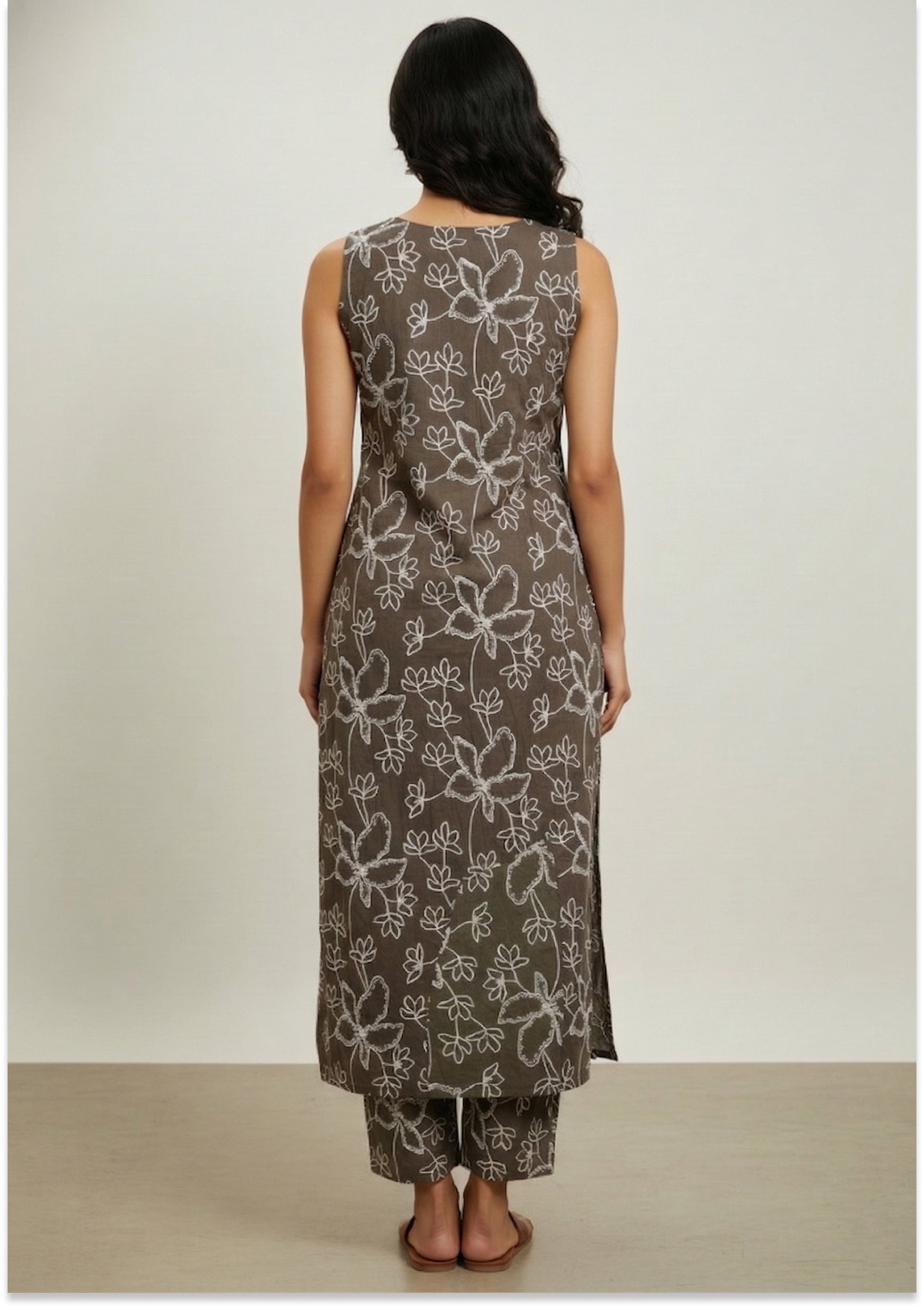 Tobacco Brown Handcrafted A-line Kurti Set