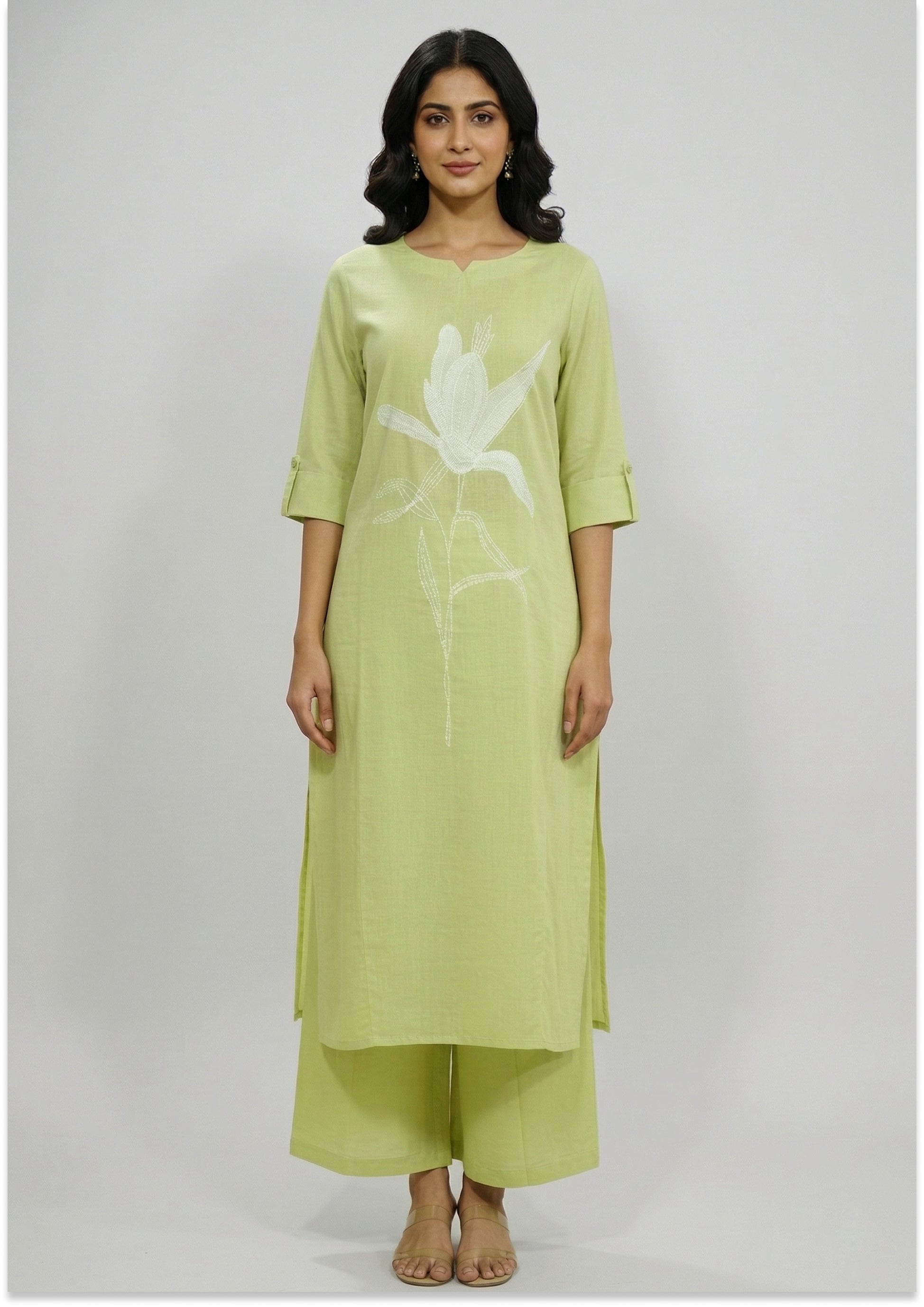 Light Pastel Green Handcrafted Mul Cotton Suit Set