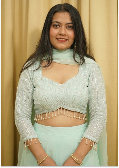 Aqua Green Handcrafted Lehenga Choli Set