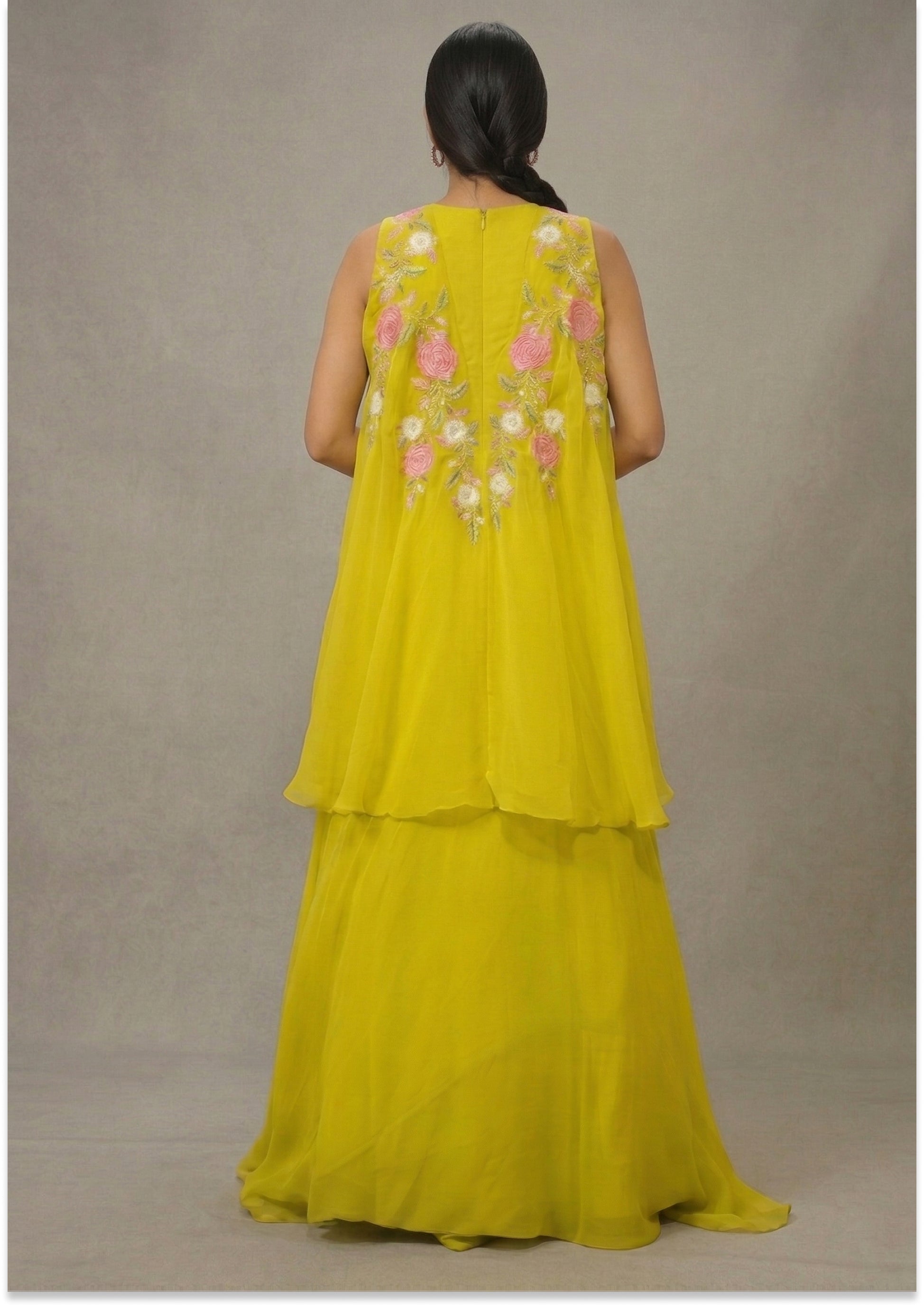 Light Mehndi Green Handcrafted Cape Set Indo Western Lehenga