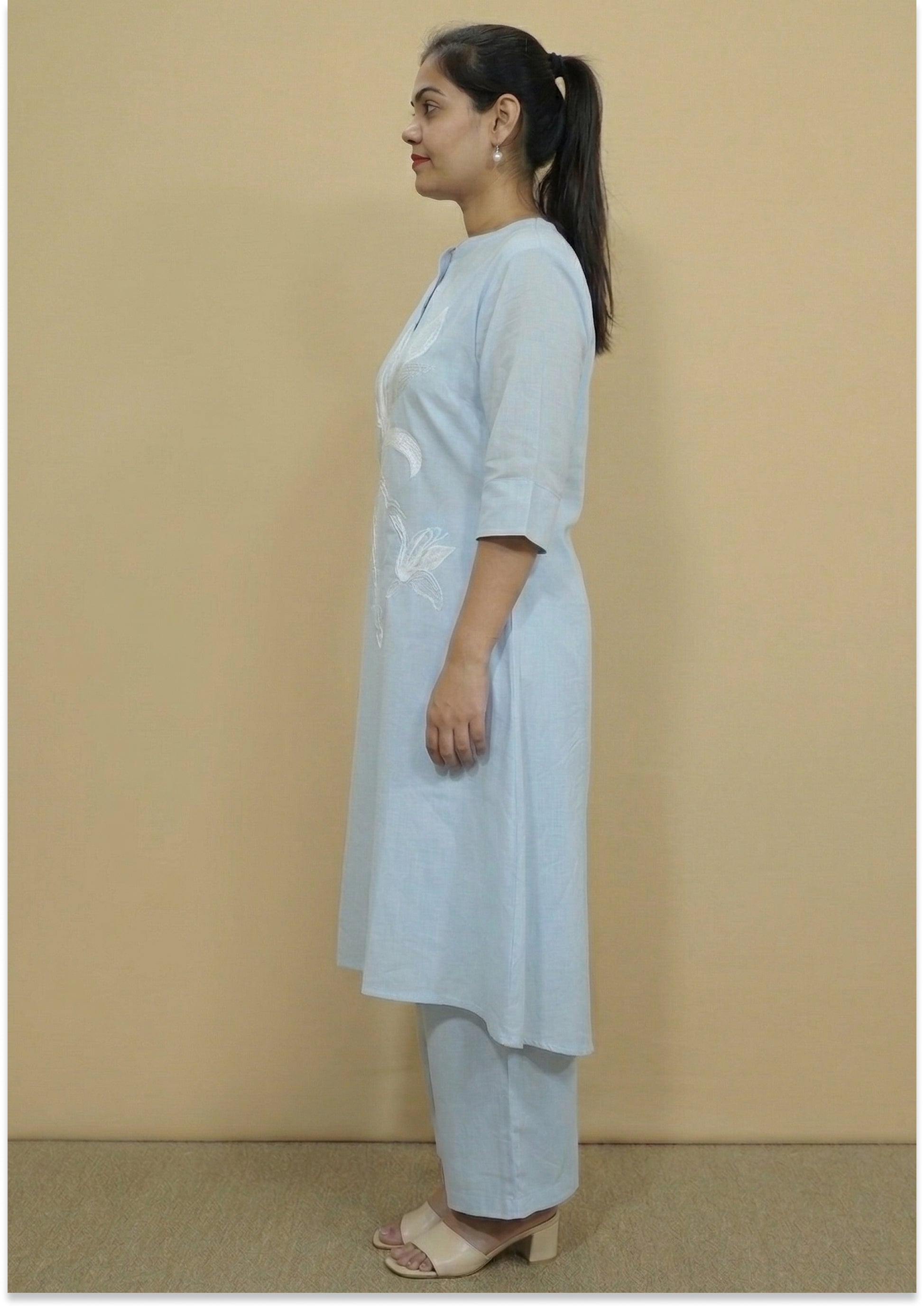 Light Sky-Blue Mul Cotton Handcrafted Suit Set