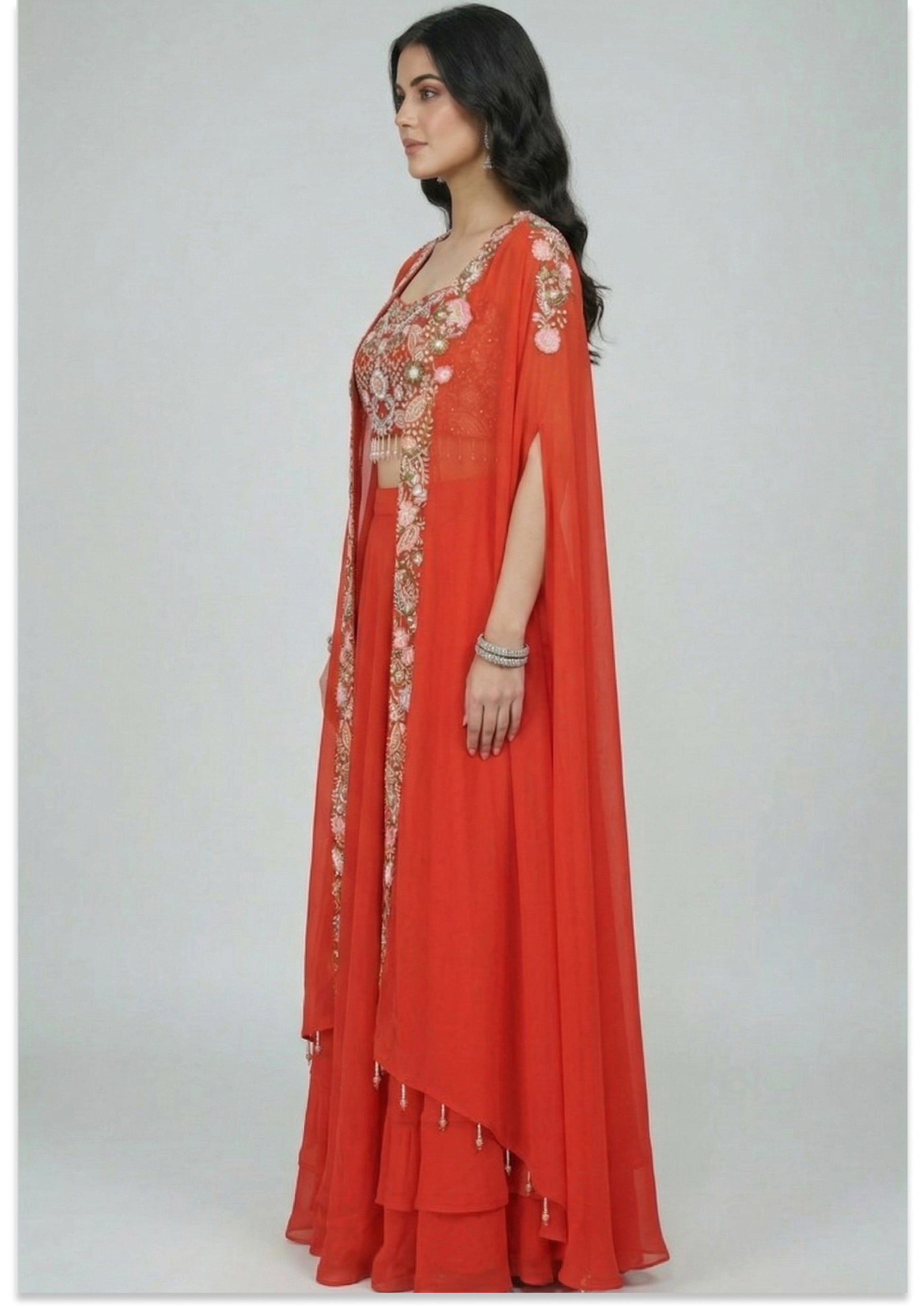 Rust Handcrafted Indo-Western Lehenga with Cape