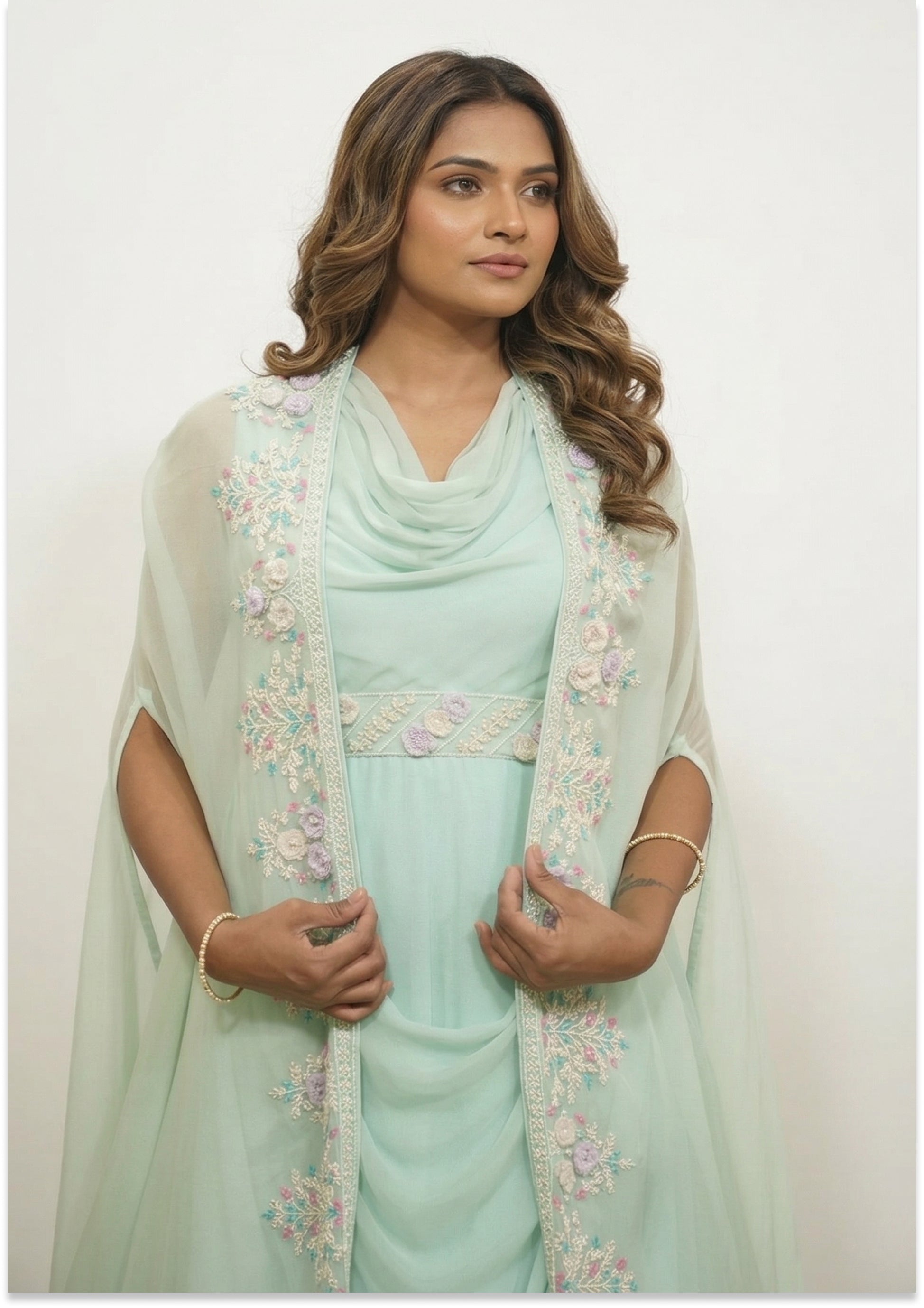 Aqua Green Indo-Western Handcrafted Cowl Neck Evening Gown