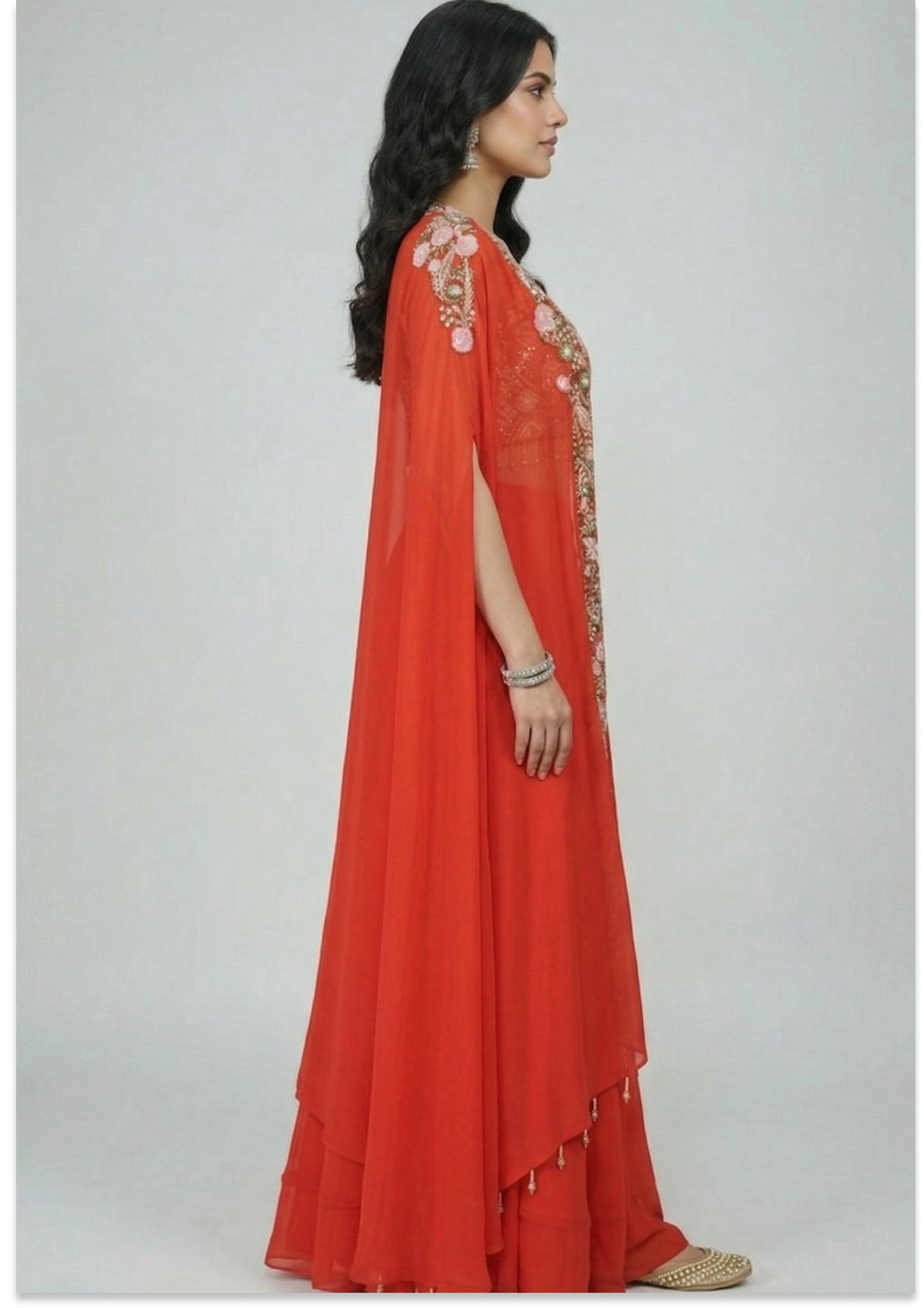 Rust Handcrafted Indo-Western Lehenga with Cape