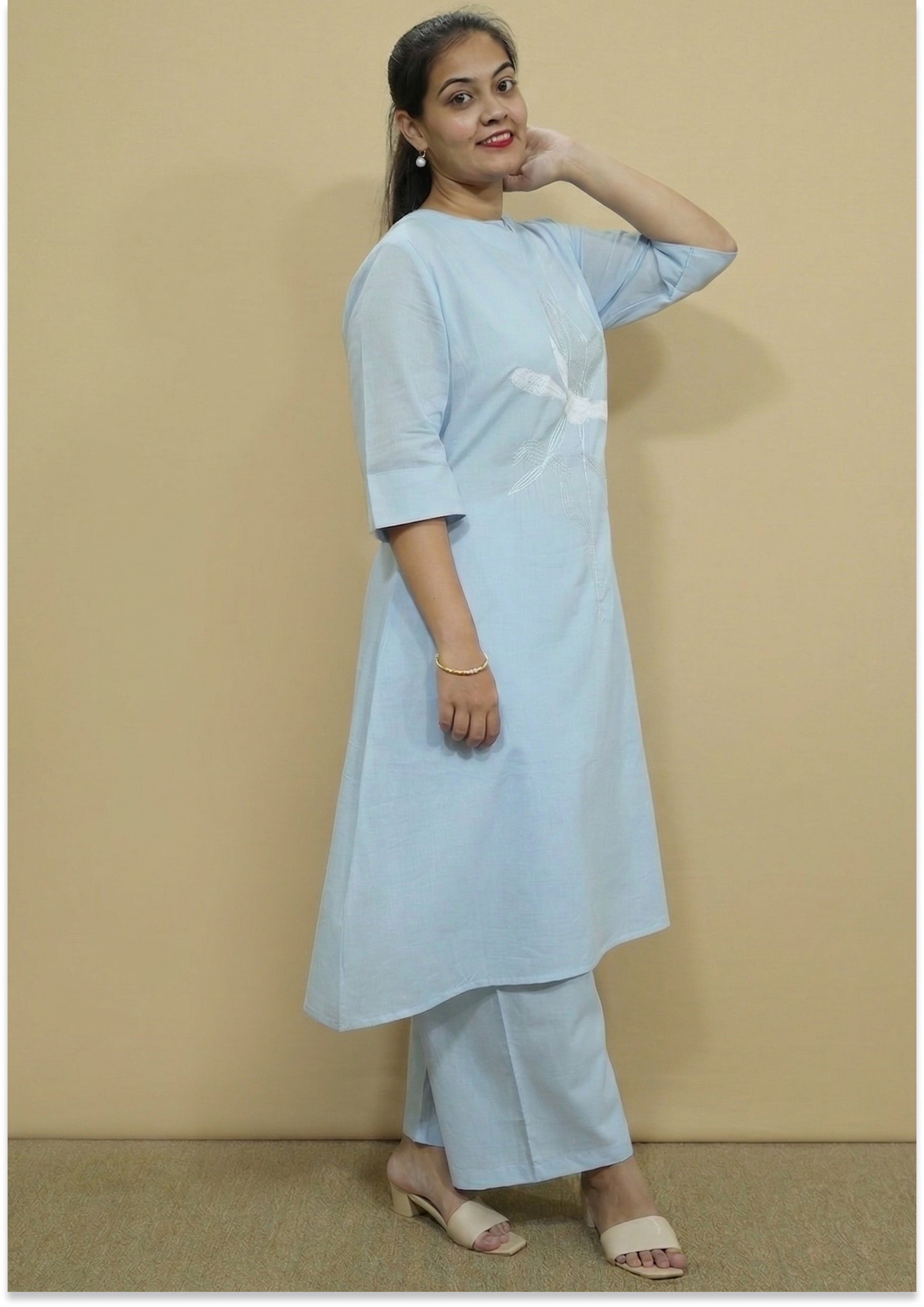 Light Sky-Blue Mul Cotton Handcrafted Suit Set
