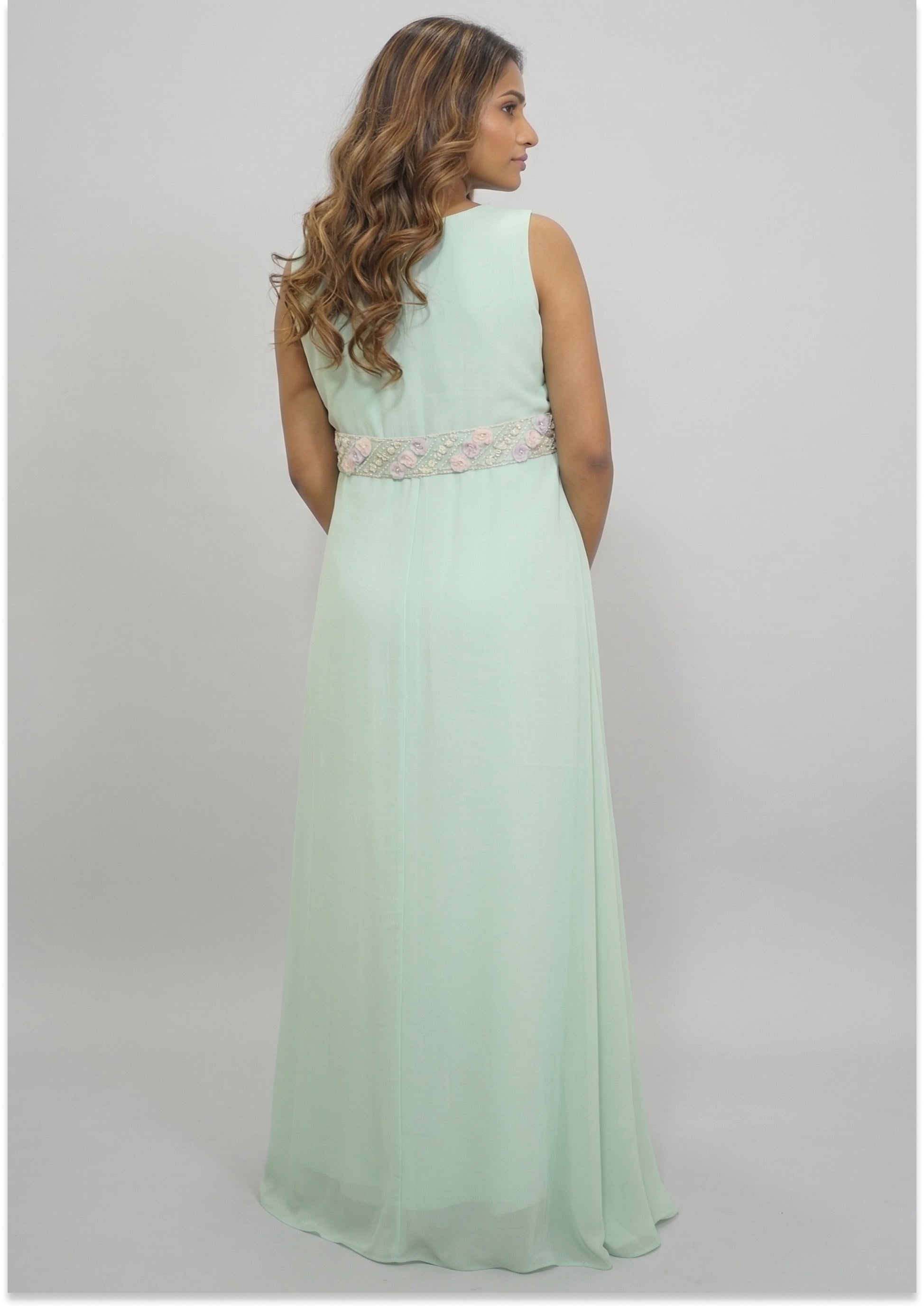 Aqua Green Indo-Western Handcrafted Cowl Neck Evening Gown