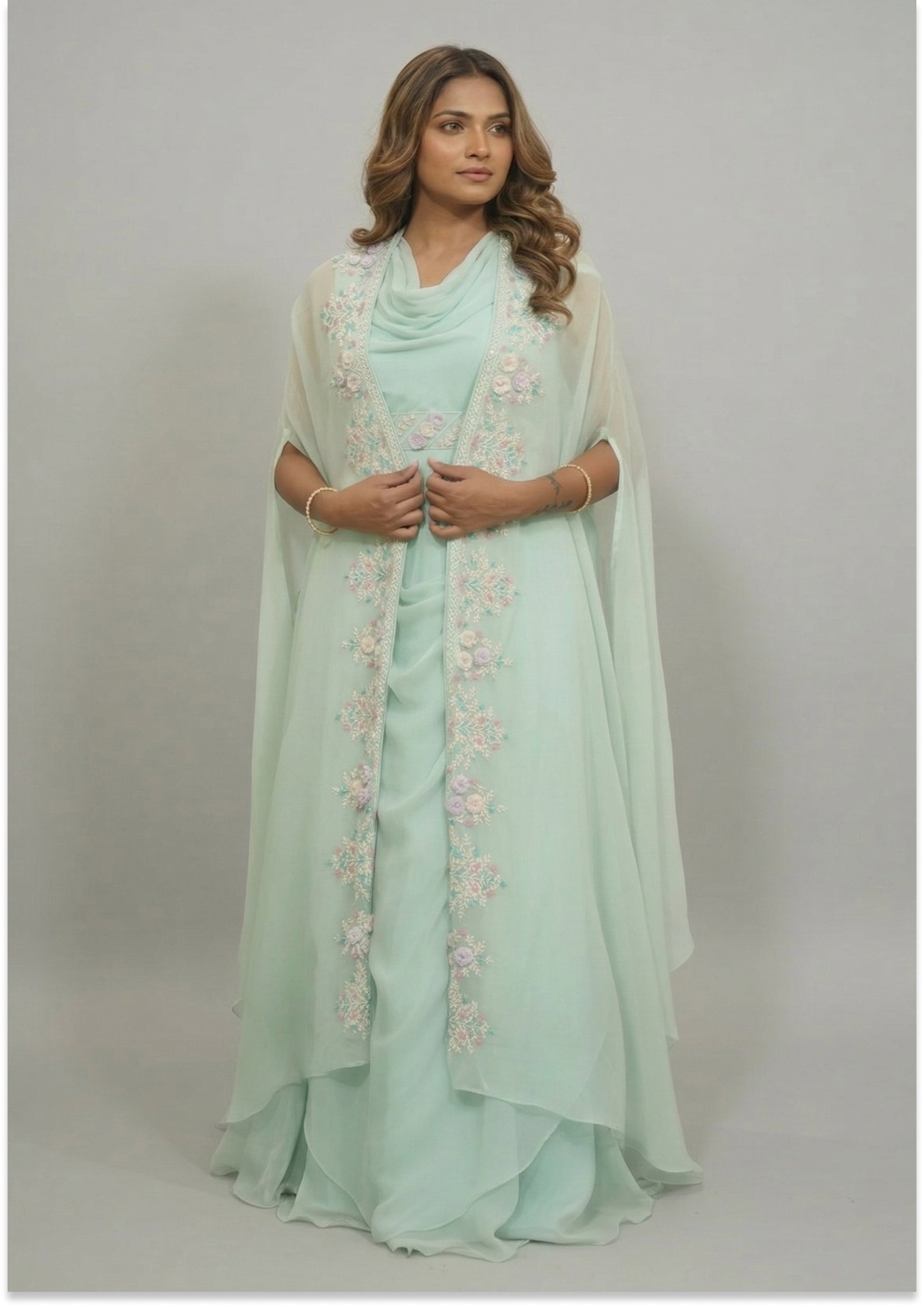 Aqua Green Indo-Western Handcrafted Cowl Neck Evening Gown